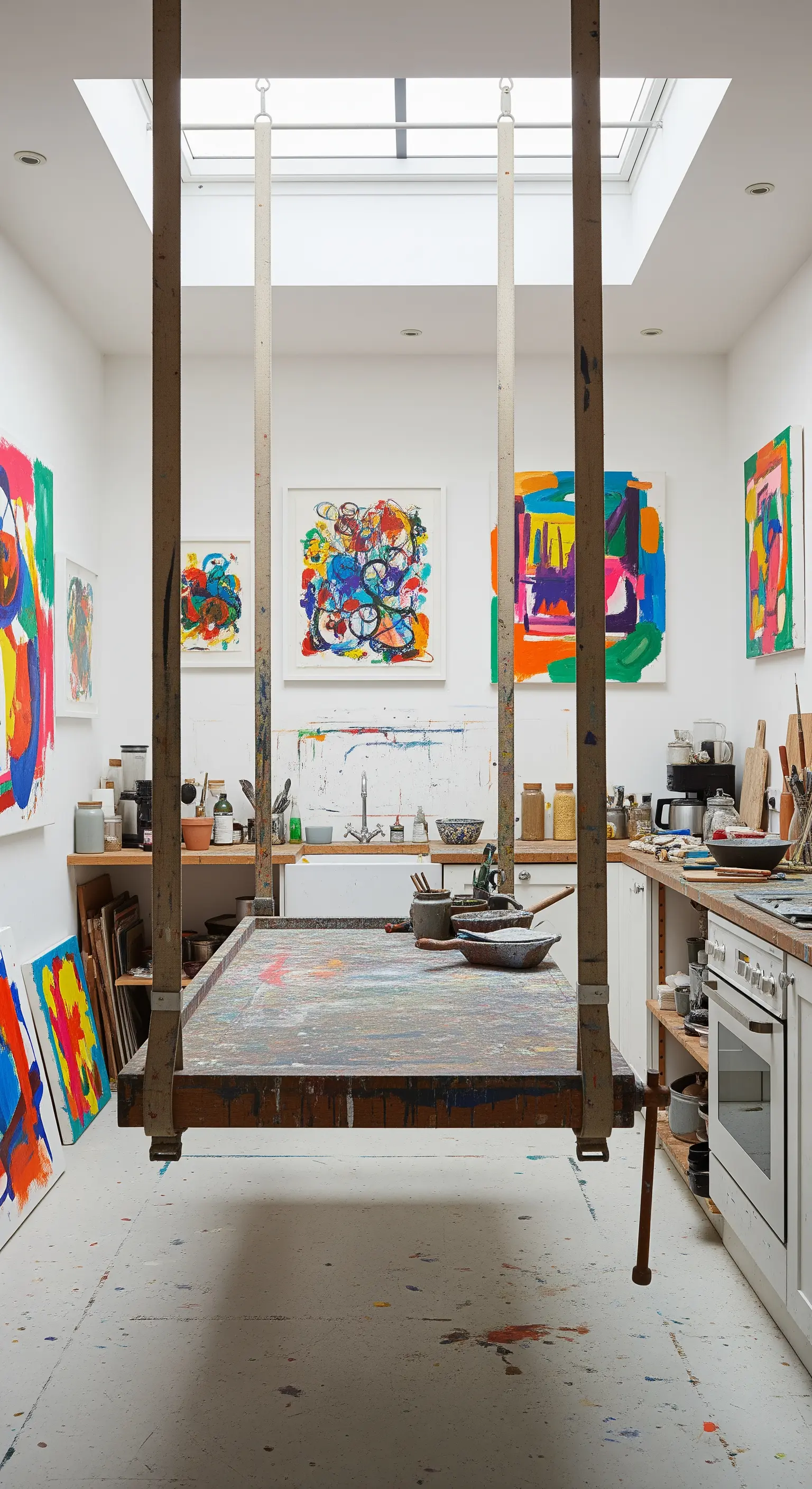 Tavolo da lavoro da artista, macchiato di vernice, sospeso in una cucina-studio.