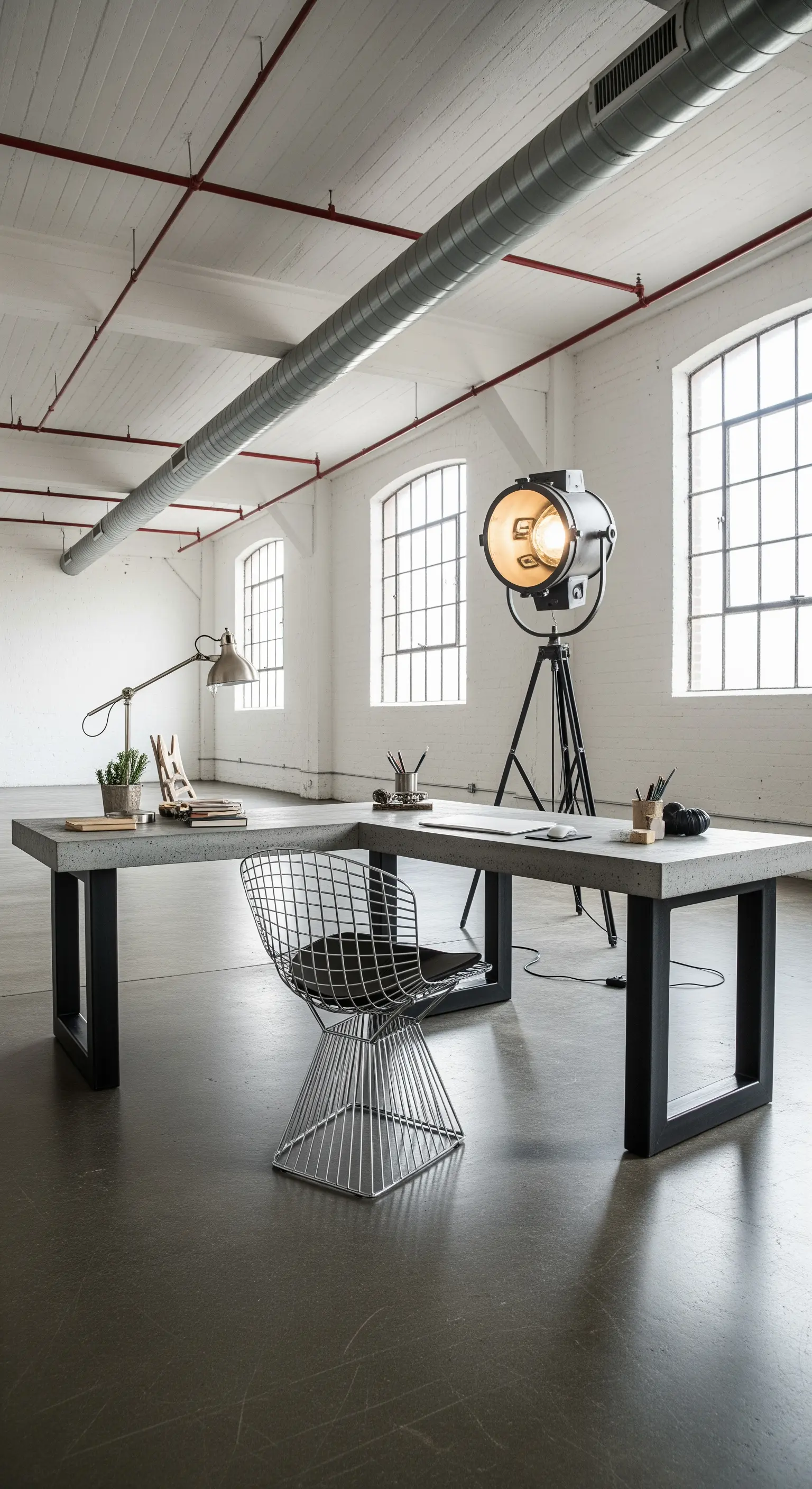 Grande scrivania a L in cemento in un loft con sedia in filo metallico e faro da studio.