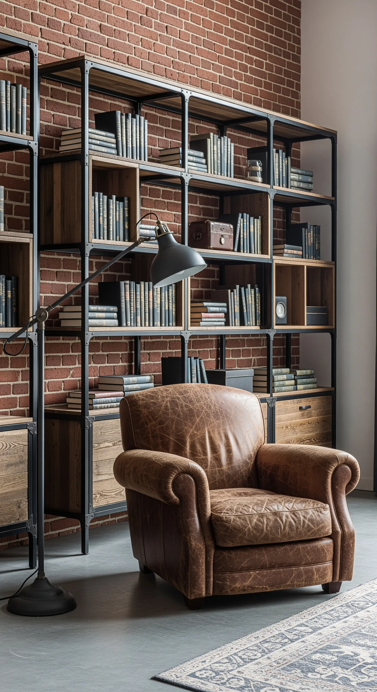 Libreria industriale in metallo e legno contro una parete di mattoni, con poltrona in pelle.