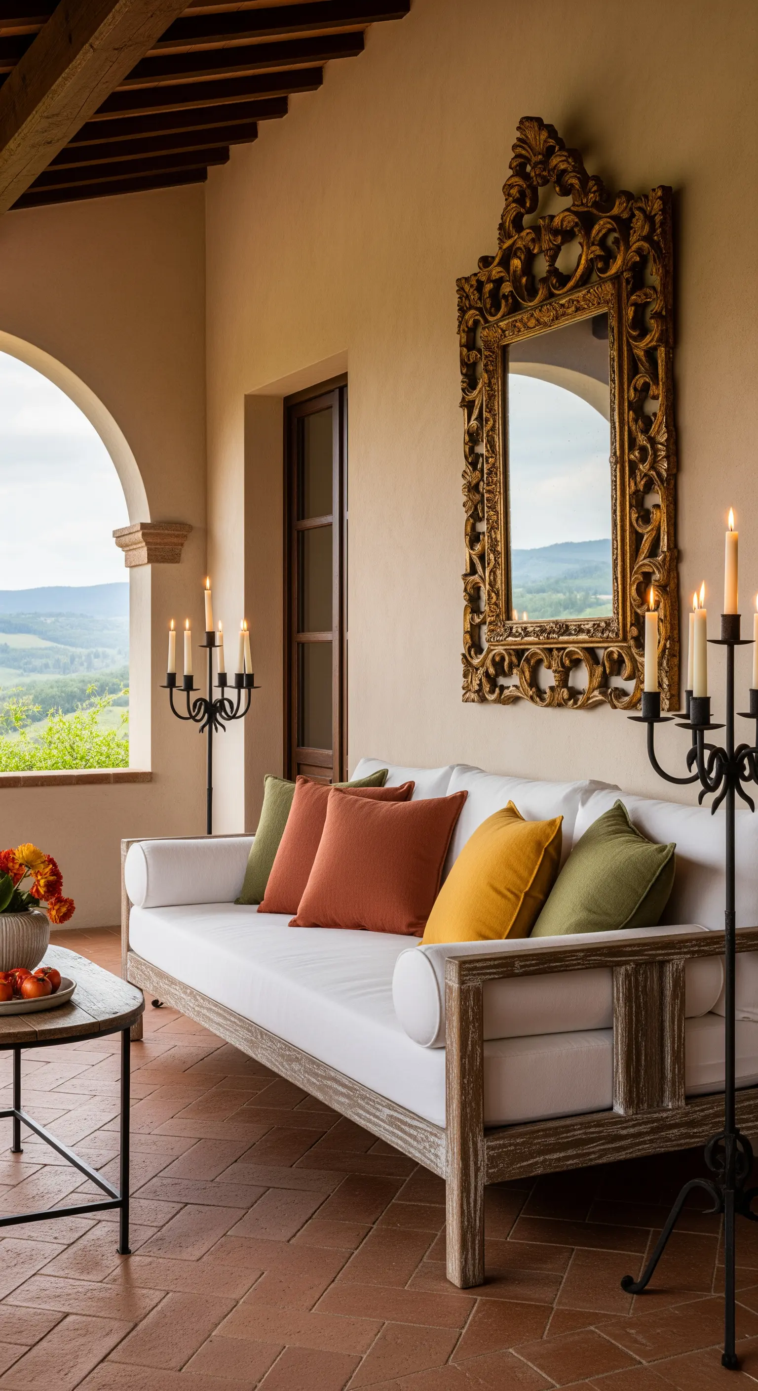 Portico in stile toscano con divano in legno, specchio barocco e candelabri.