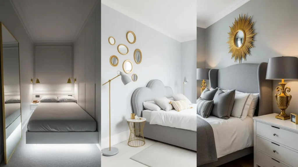 Collage di tre camere da letto moderne grigie con lampade, specchi e dettagli in oro per un look elegante.