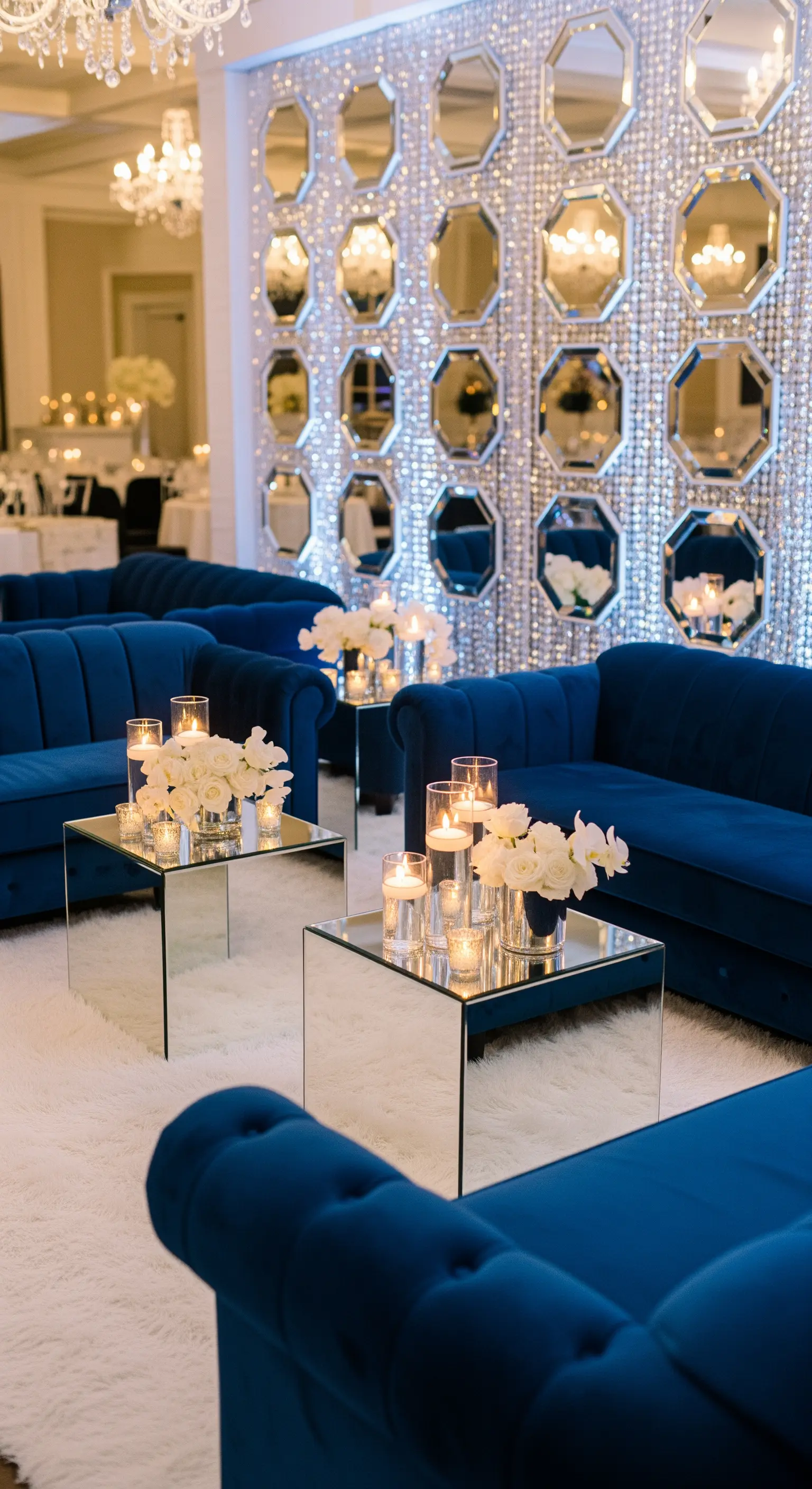 Area lounge con divani in velluto blu, tavolini a specchio e parete di cristalli.