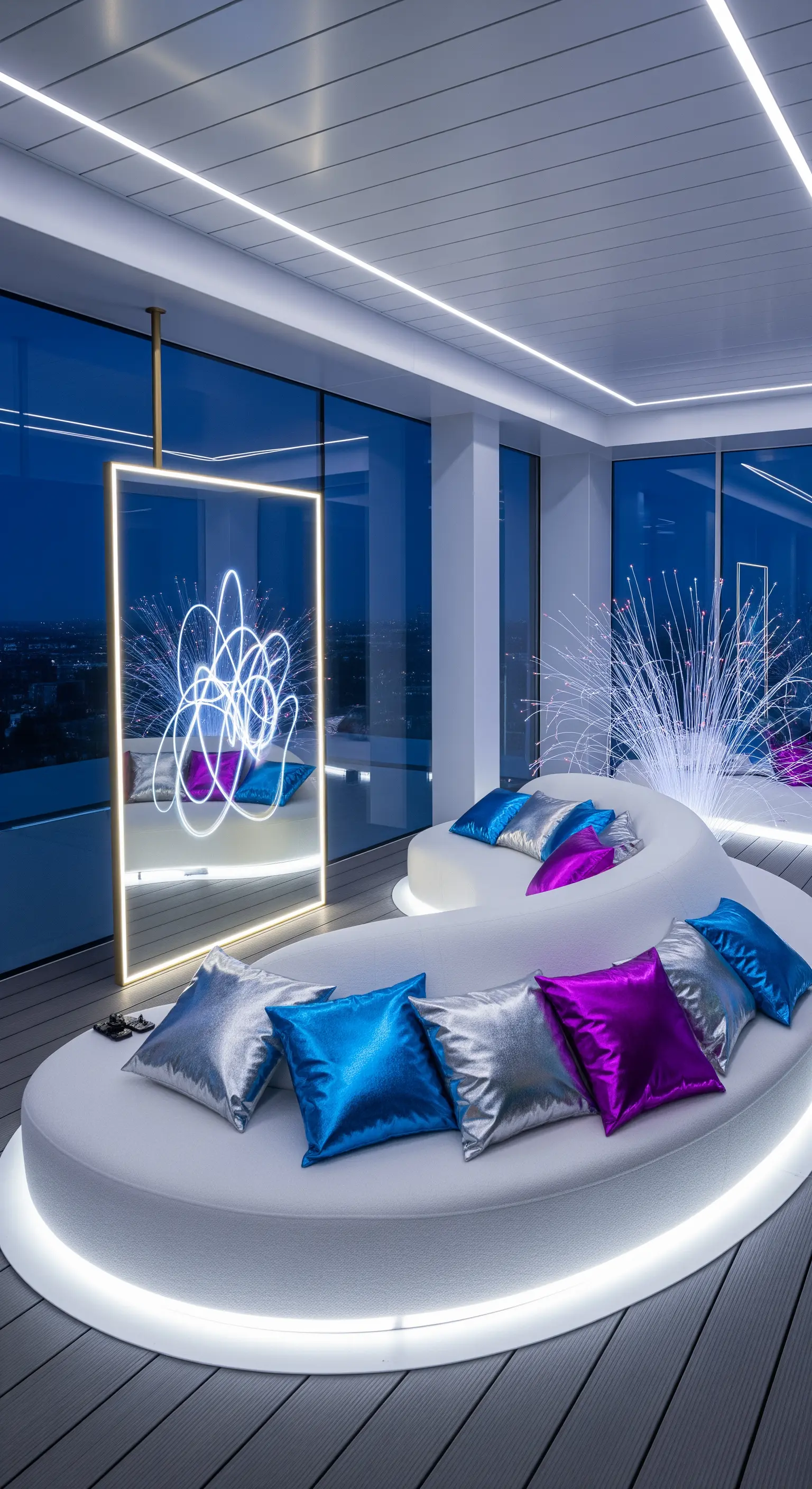 Lounge moderna con divani curvi bianchi, specchio illuminato e cuscini metallizzati.
