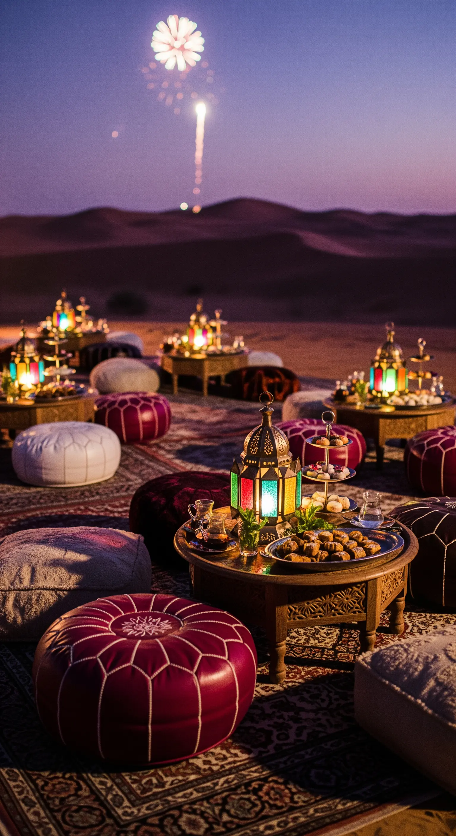 Allestimento lounge nel deserto con pouf, tappeti, lanterne colorate e fuochi d'artificio