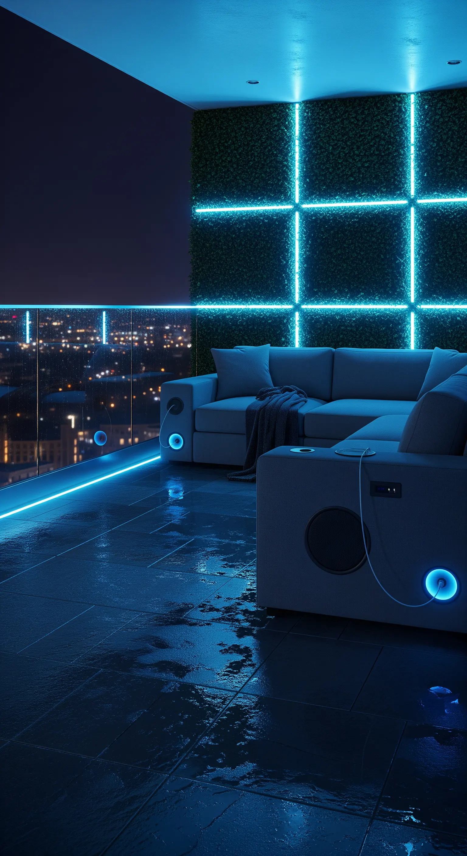 Balcone notturno con divano grigio, illuminazione LED blu e altoparlanti integrati.