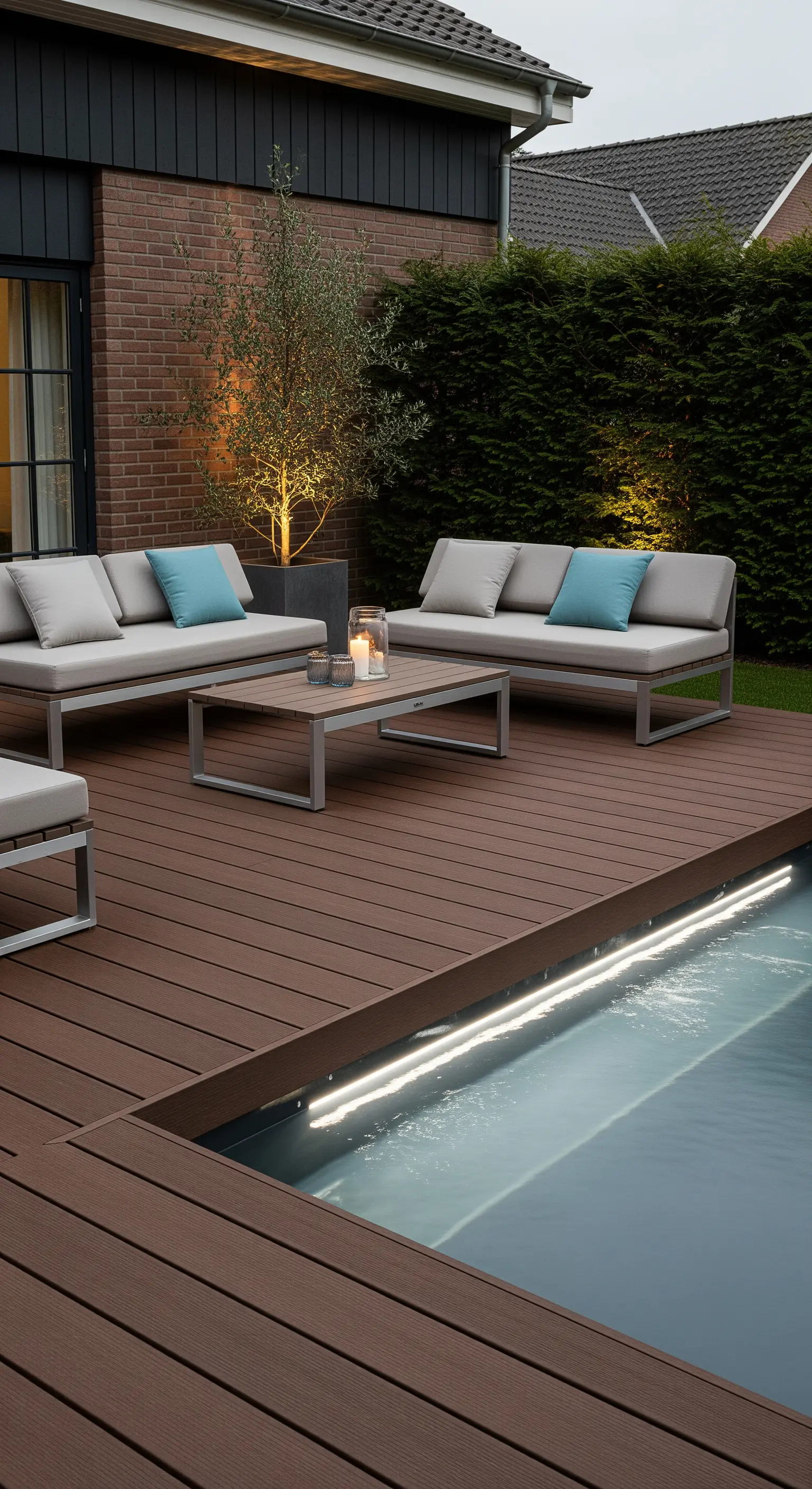 Patio in legno con mini-piscina illuminata da una striscia LED lungo il bordo.