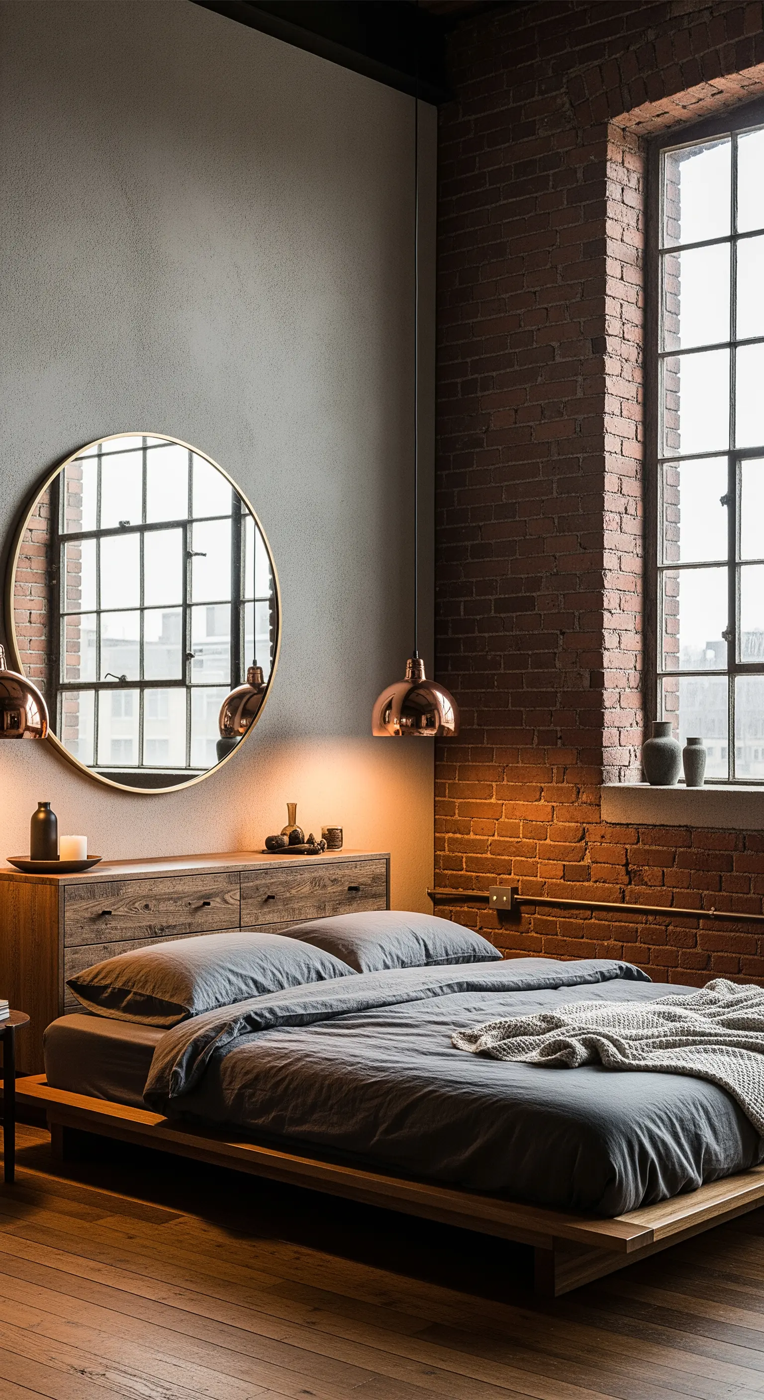 Lampade a sospensione in rame e specchio rotondo in ottone in una camera da letto industrial.