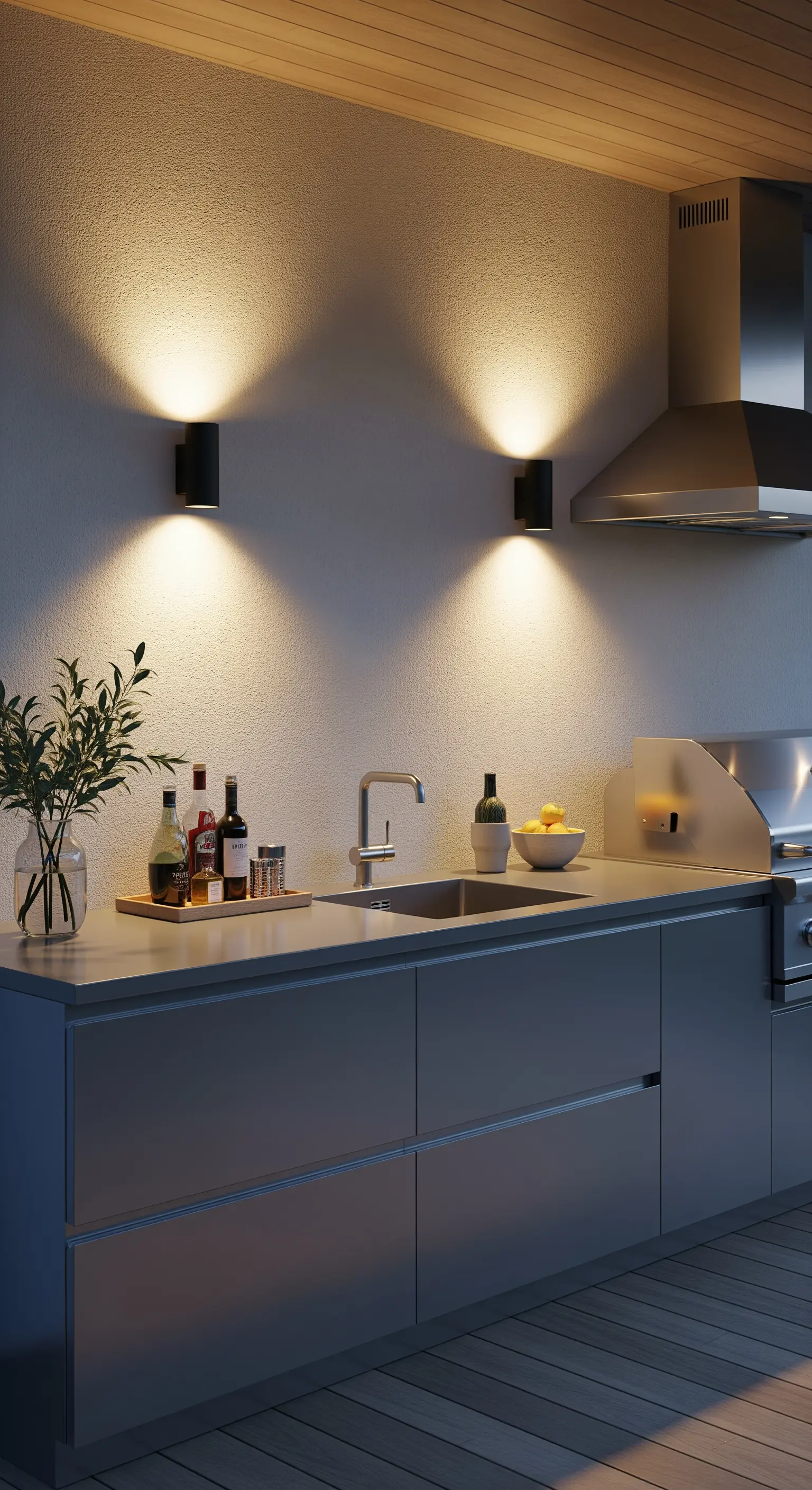Cucina esterna moderna con due applique a cilindro che illuminano la parete.