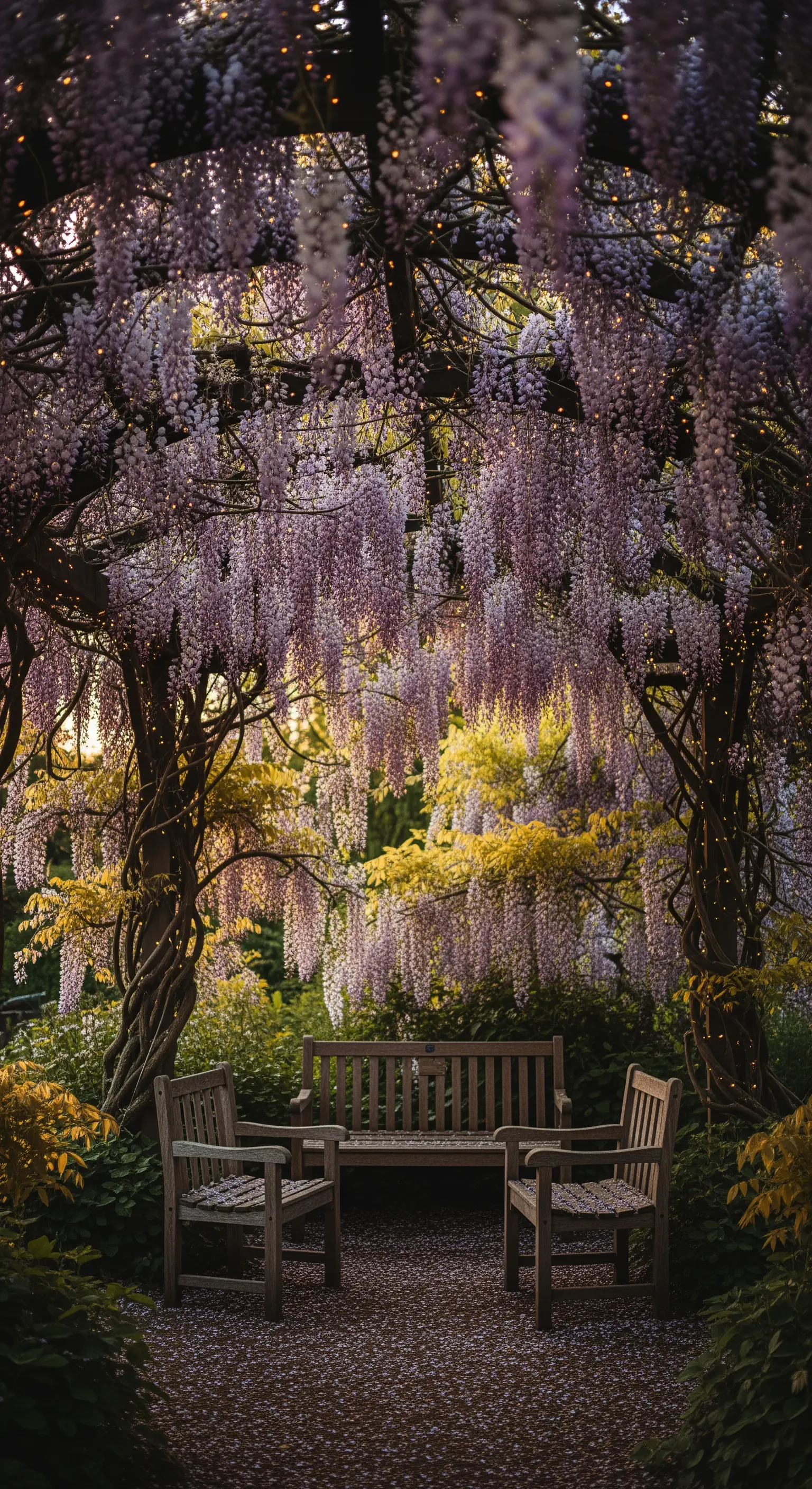 Pergola coperta da un glicine in fiore, con piccole lucine nascoste tra i rami.