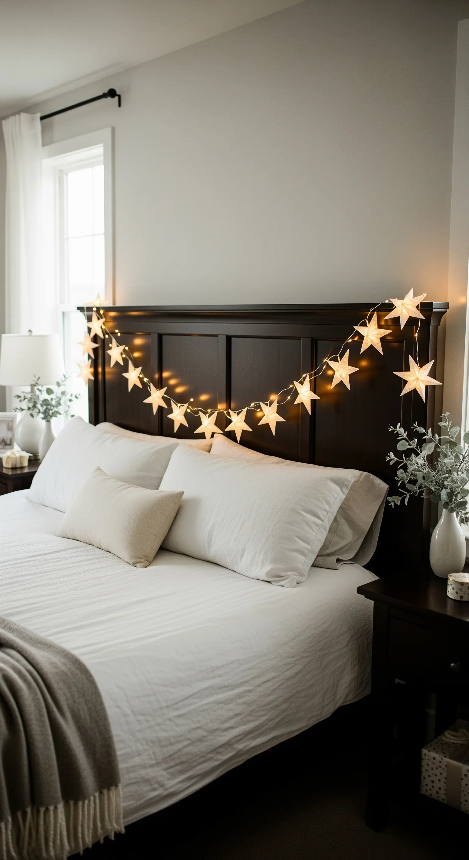 Ghirlanda di luci a forma di stella appoggiata sulla testiera di un letto in legno scuro