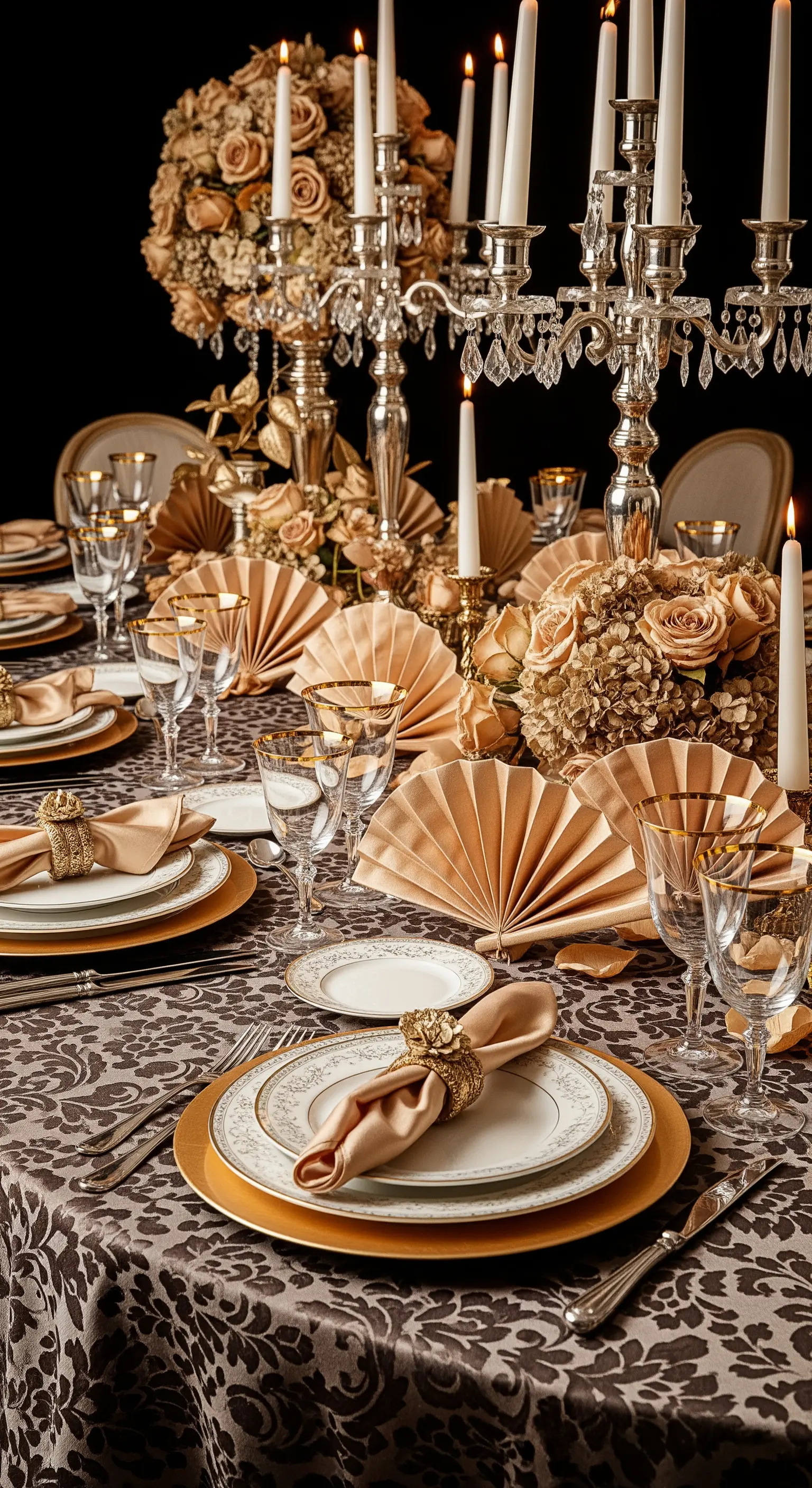 Tavola barocca con tovaglia damascata, candelabri in cristallo e decorazioni dorate