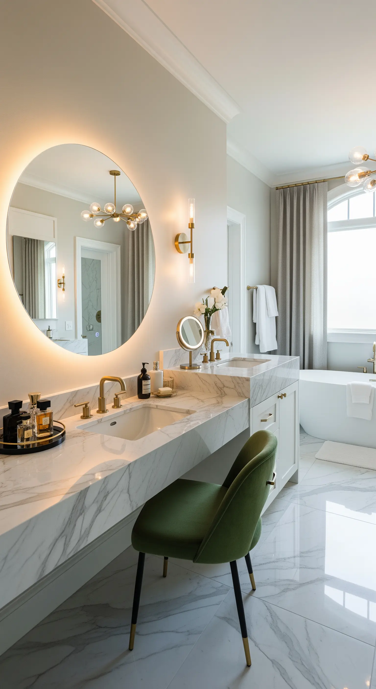 Angolo beauty con top in marmo, specchio tondo retroilluminato e sedia in velluto verde.