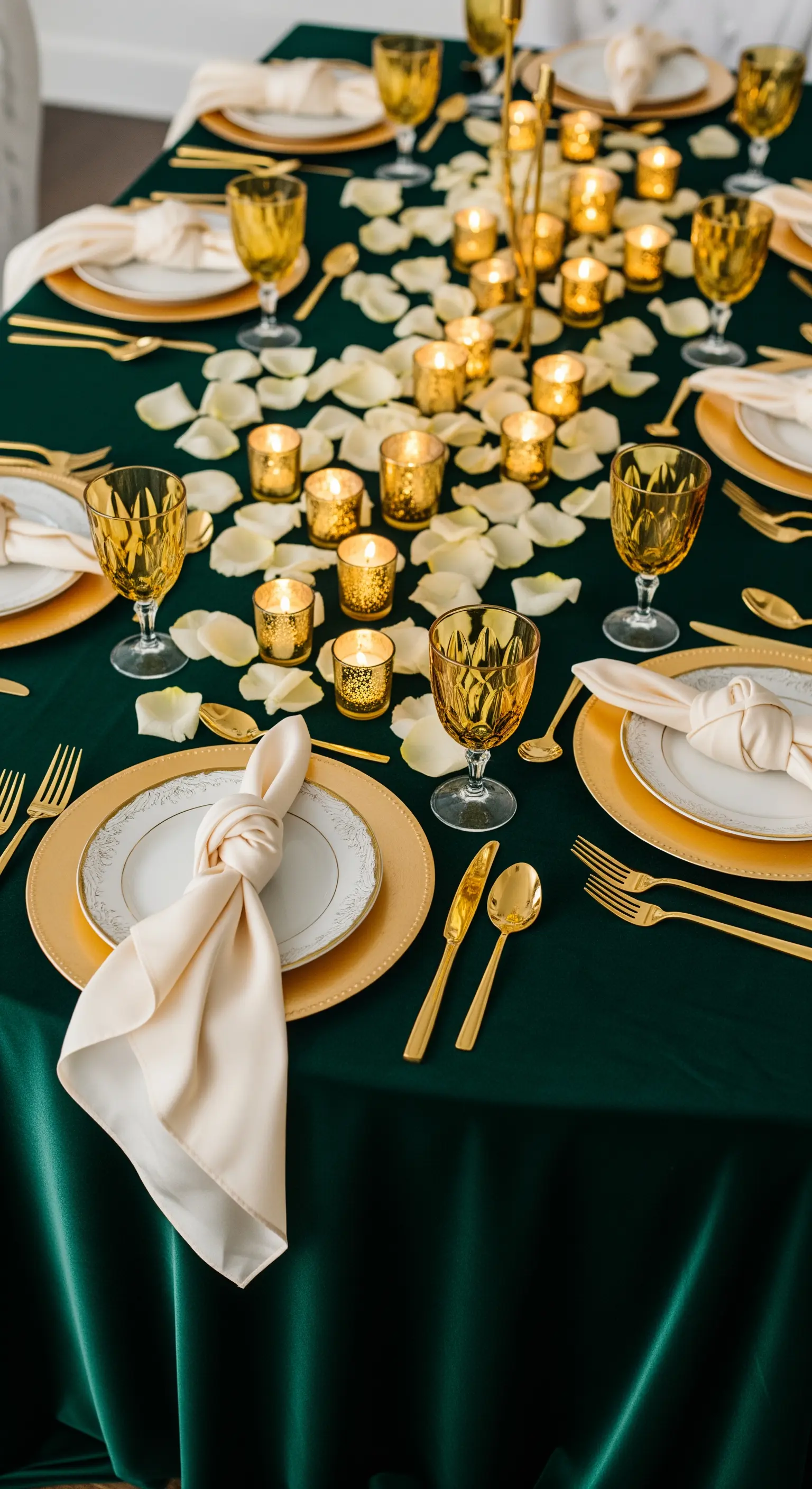 Tavola elegante con tovaglia verde smeraldo, posate dorate e bicchieri ambrati
