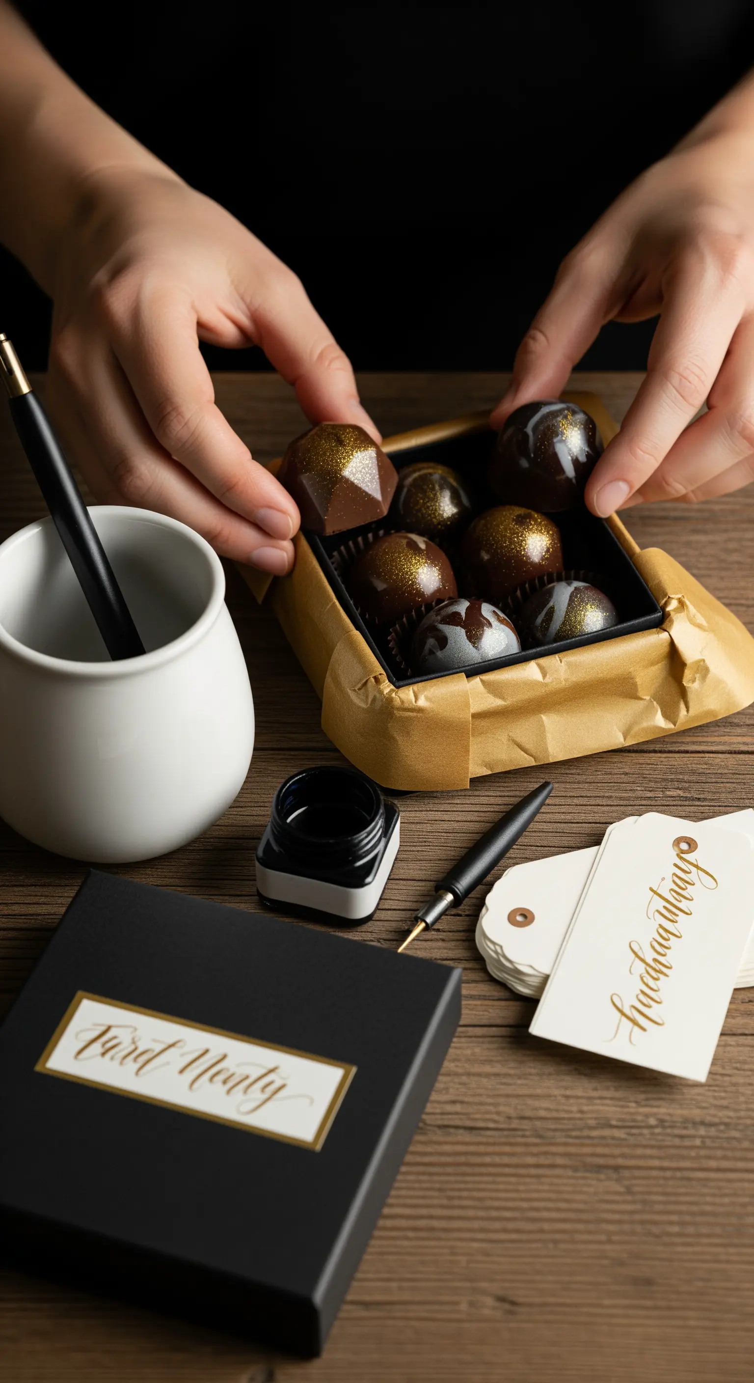 Praline geometriche con polvere d'oro in una scatola nera, con etichette calligrafate.