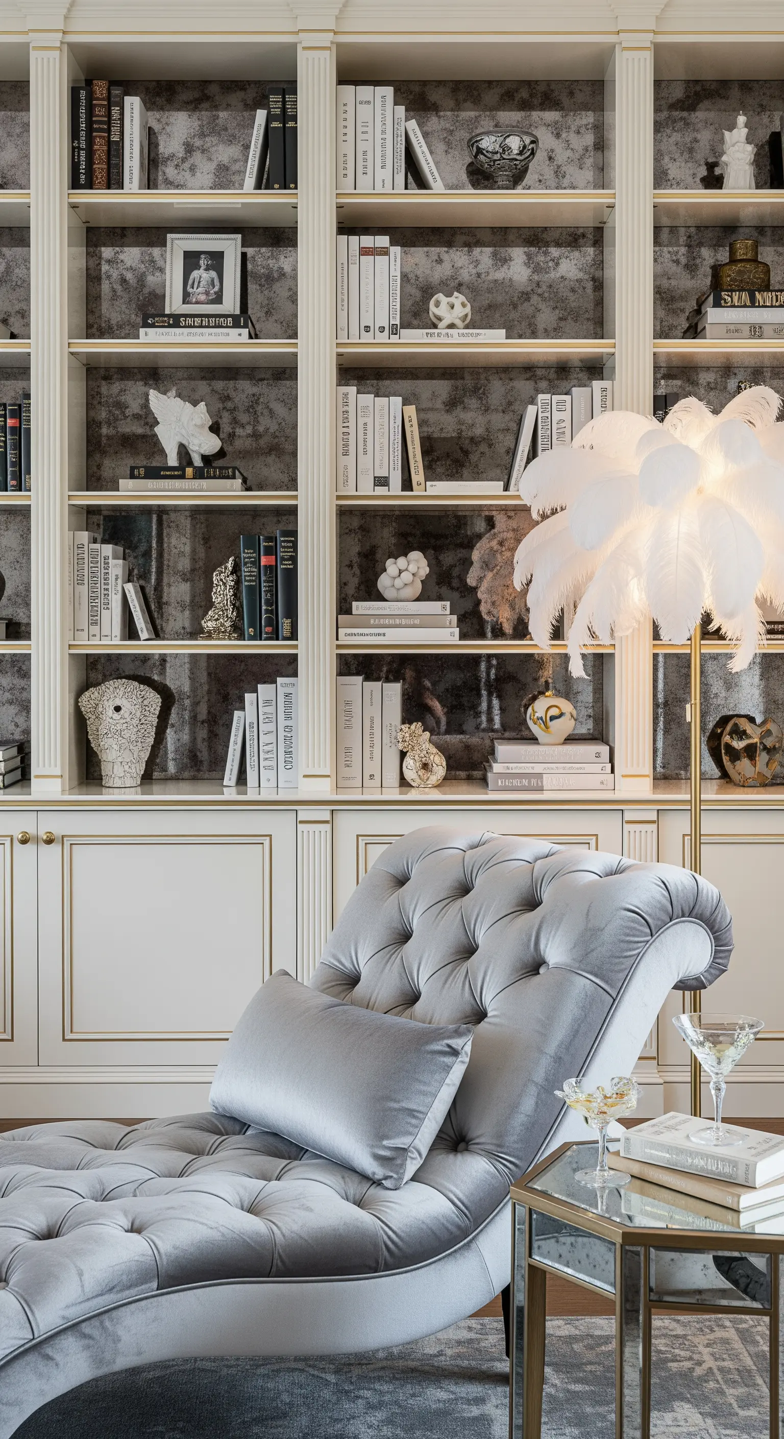 Libreria neoclassica con chaise longue in velluto e lampada con paralume di piume.