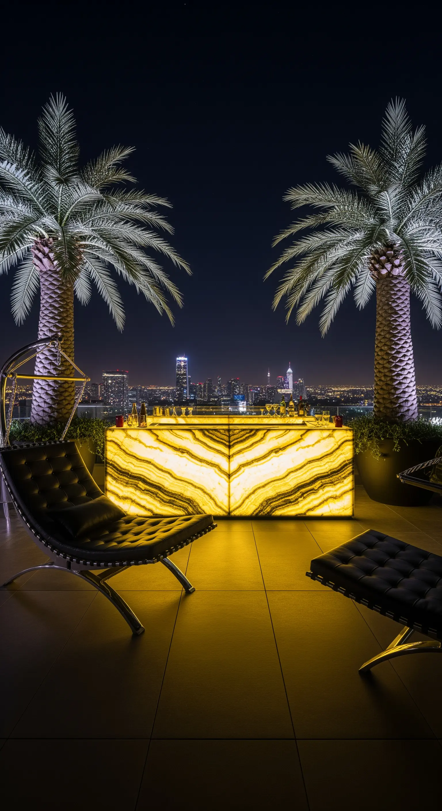 Terrazza notturna con un bancone bar in onice retroilluminato e sedie di design nere.