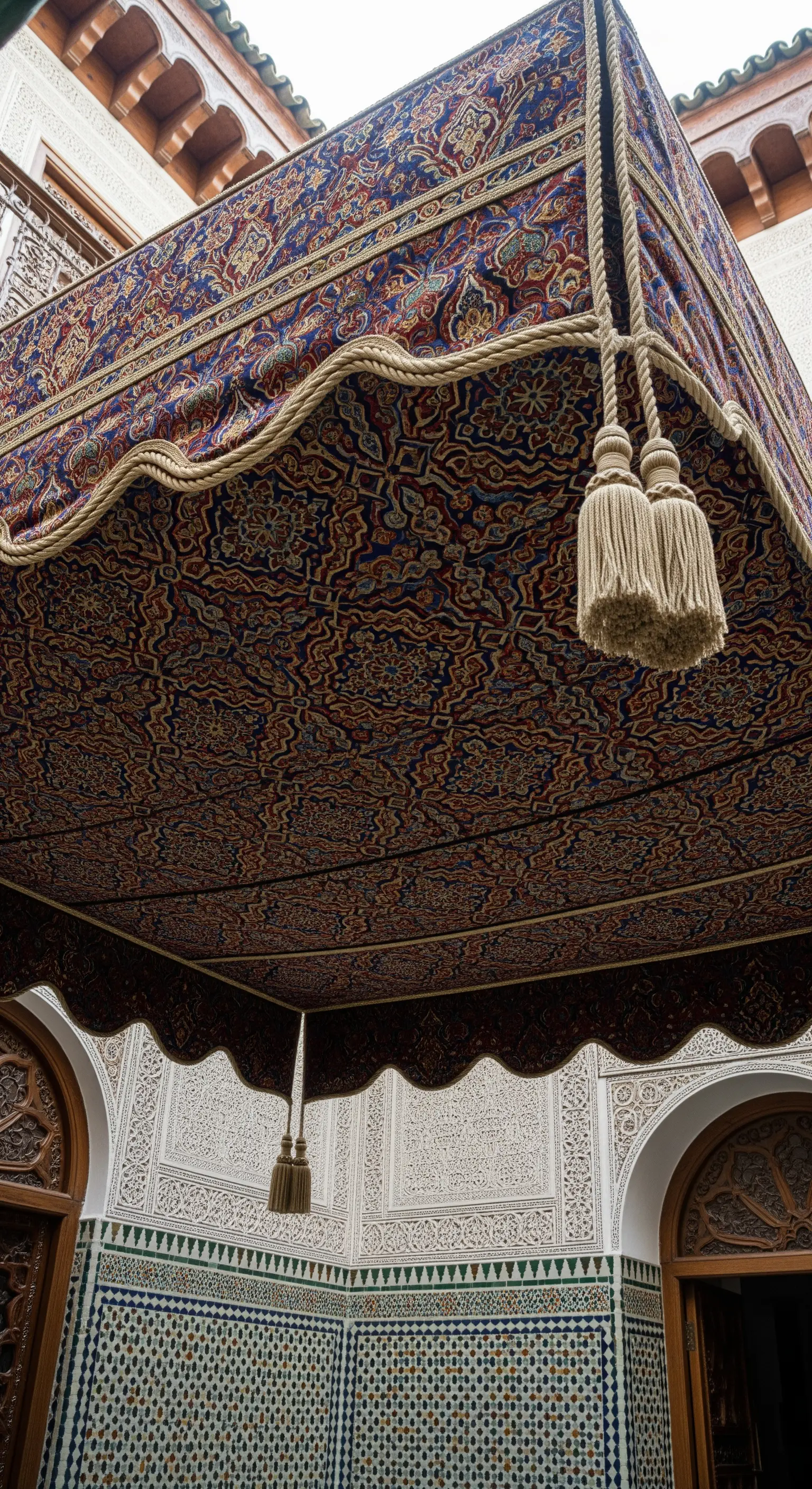 Baldacchino in tessuto pregiato con motivi orientali e nappe, in un cortile interno.