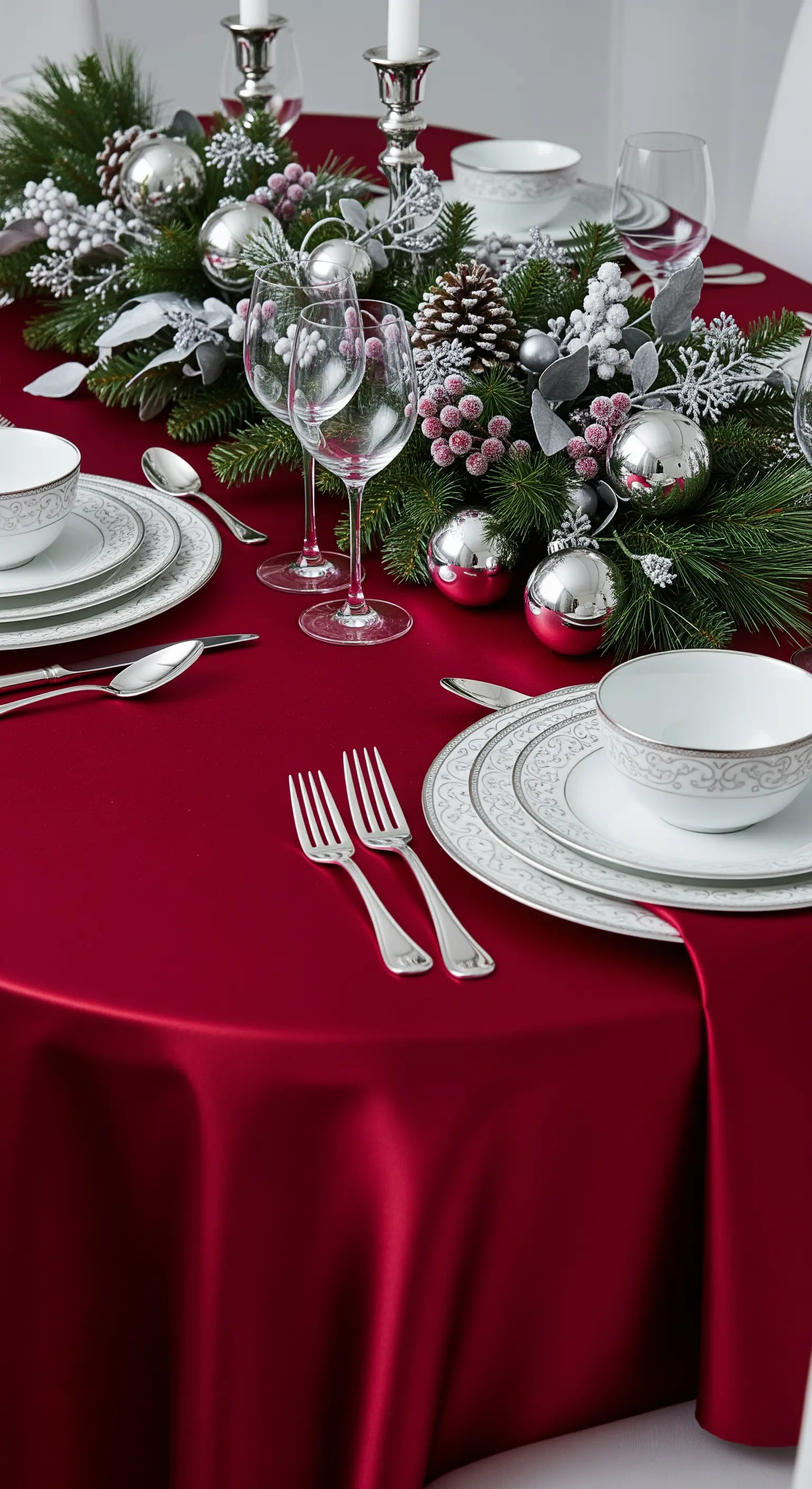 Tavola elegante con tovaglia in raso rosso, centrotavola con decori argento e piatti in porcellana.