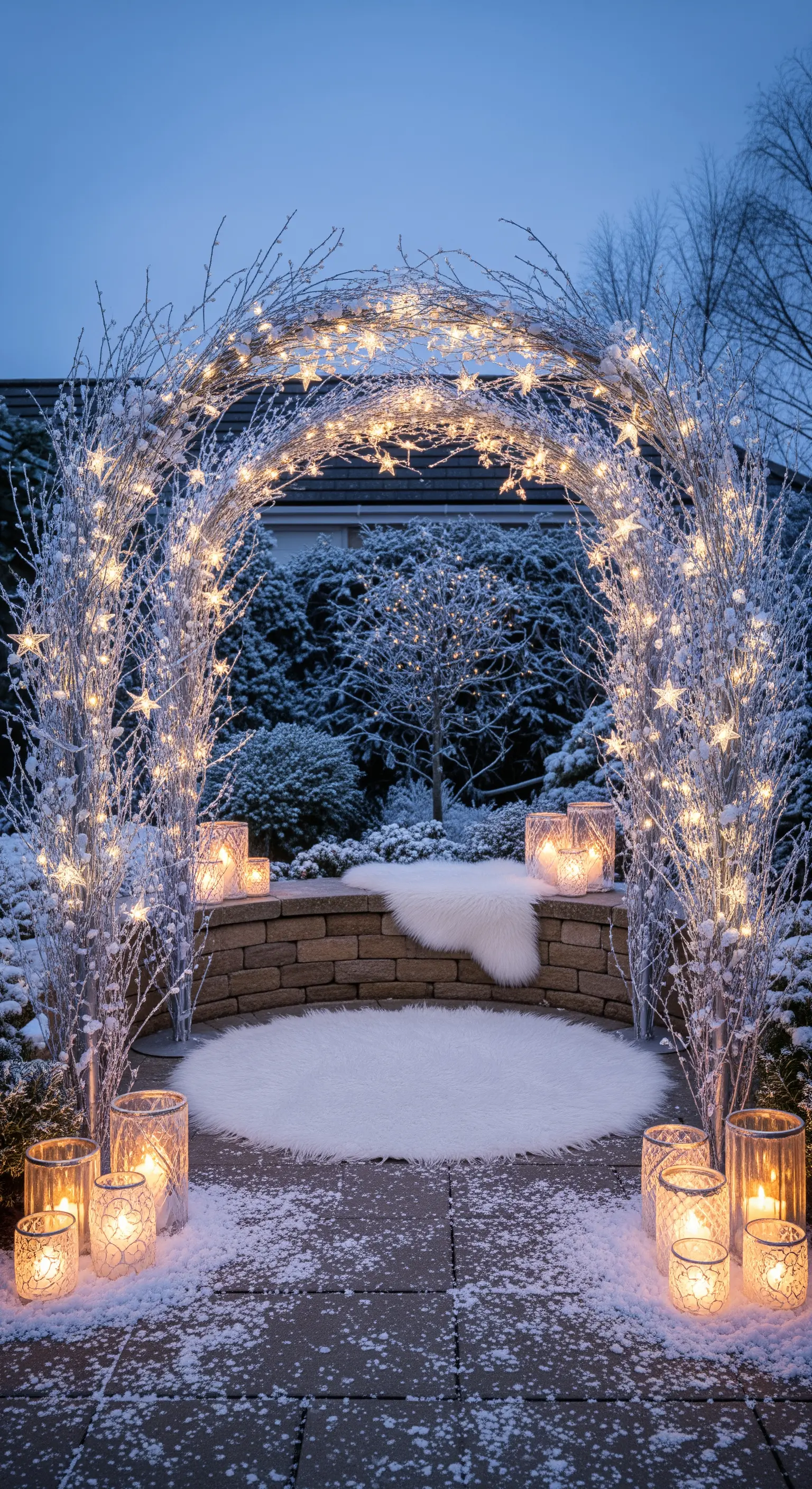Giardino innevato con arco di rami bianchi illuminato e tappeto rotondo sulla neve.