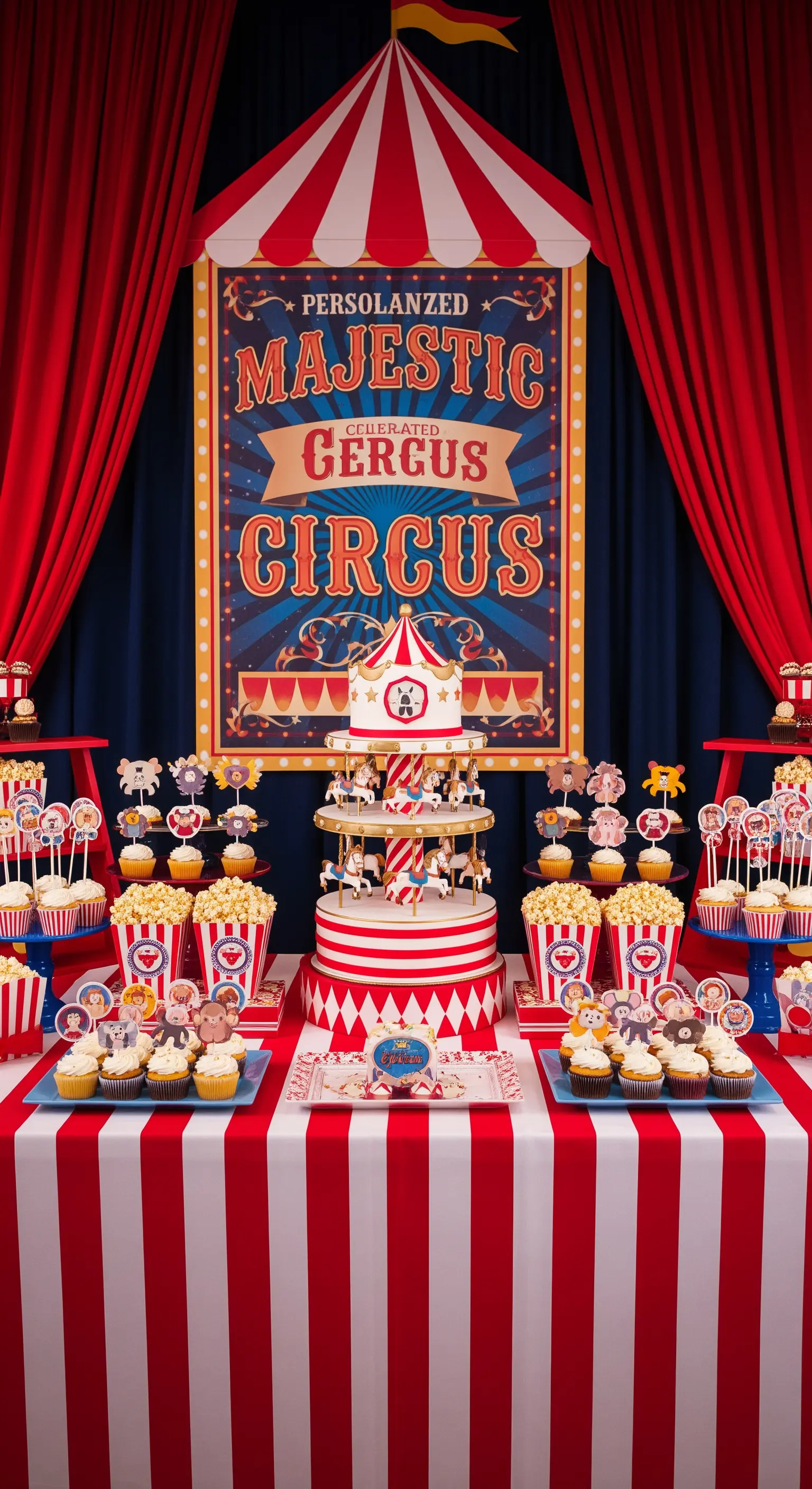 Sweet table a tema circo vintage con tendone, poster personalizzato e torta a forma di carosello