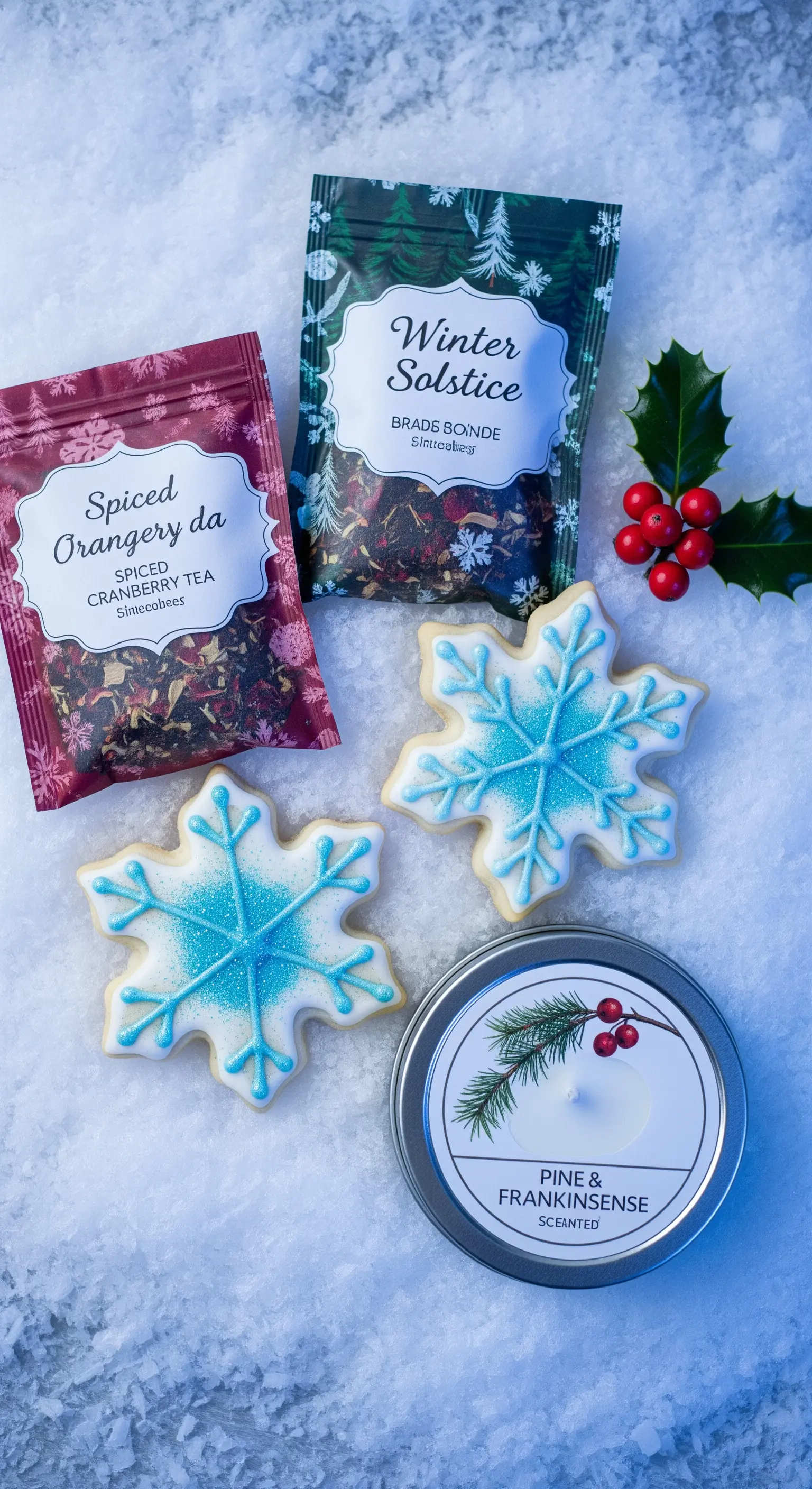 Kit regalo invernale con tè speziati, biscotti a fiocco di neve e candela al pino.