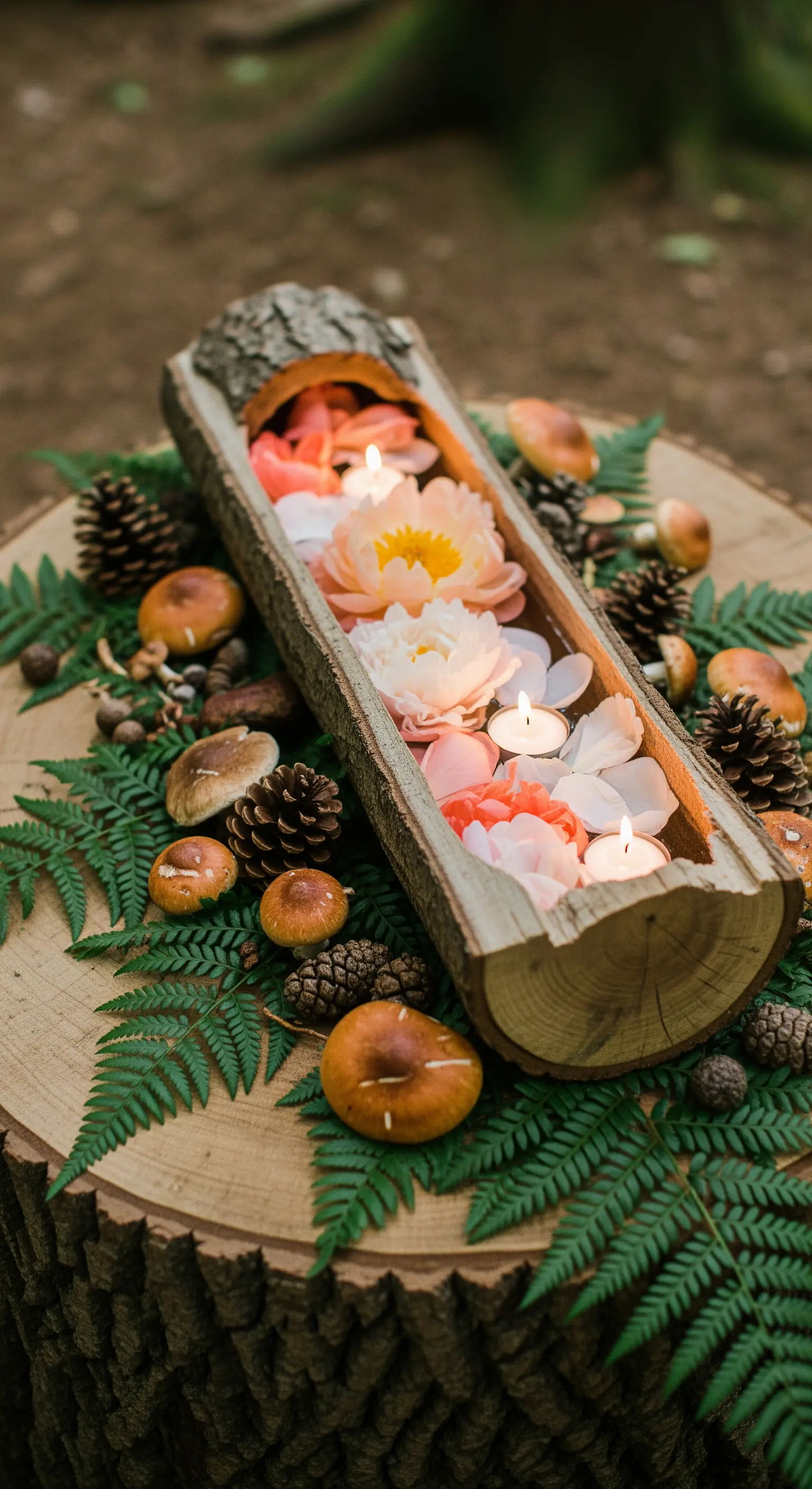 Tronco scavato con peonie e candele galleggianti, circondato da felci, pigne e funghi.