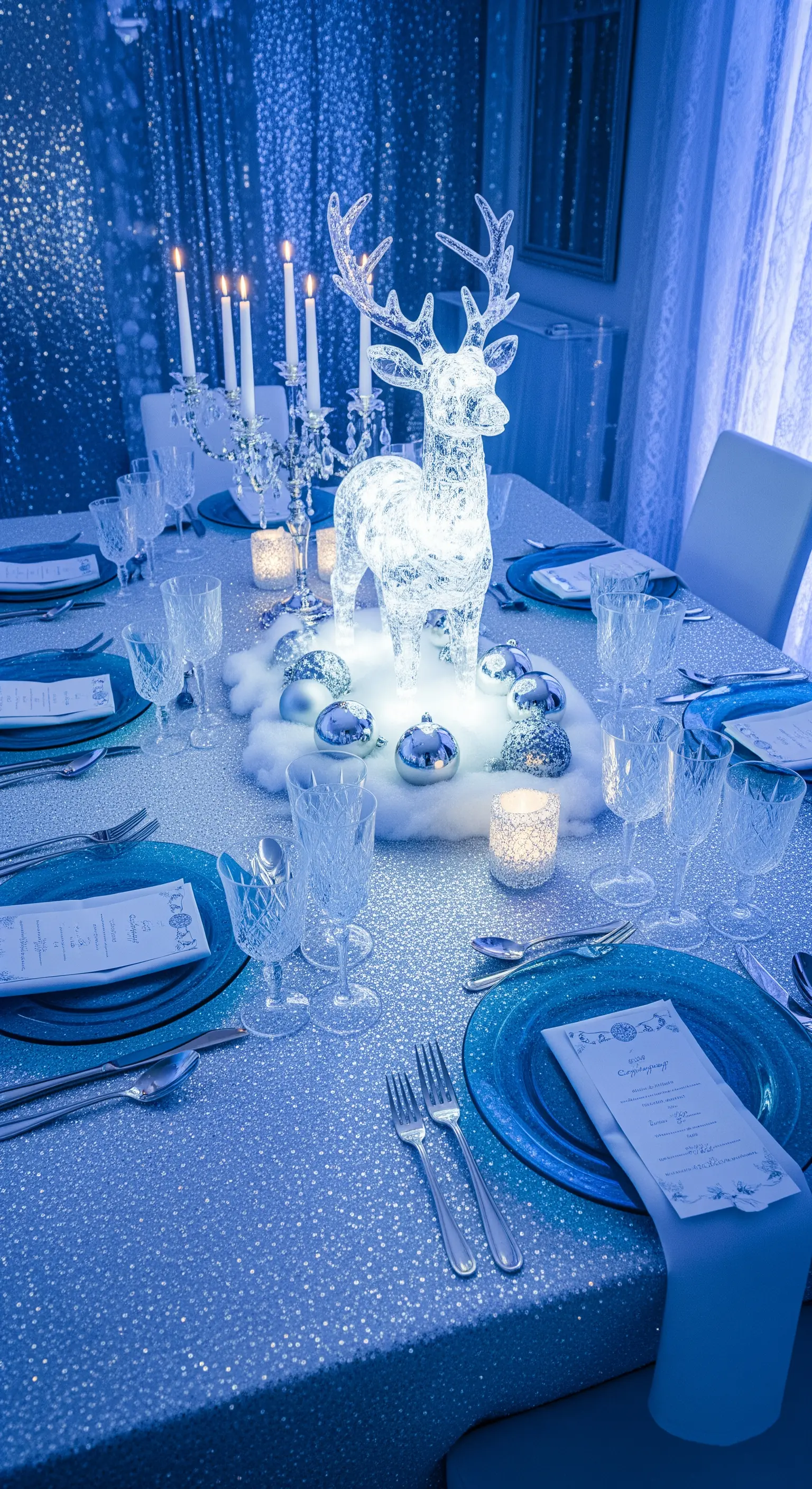 Tavola a tema invernale con tovaglia glitterata, renna luminosa e dettagli blu e argento.