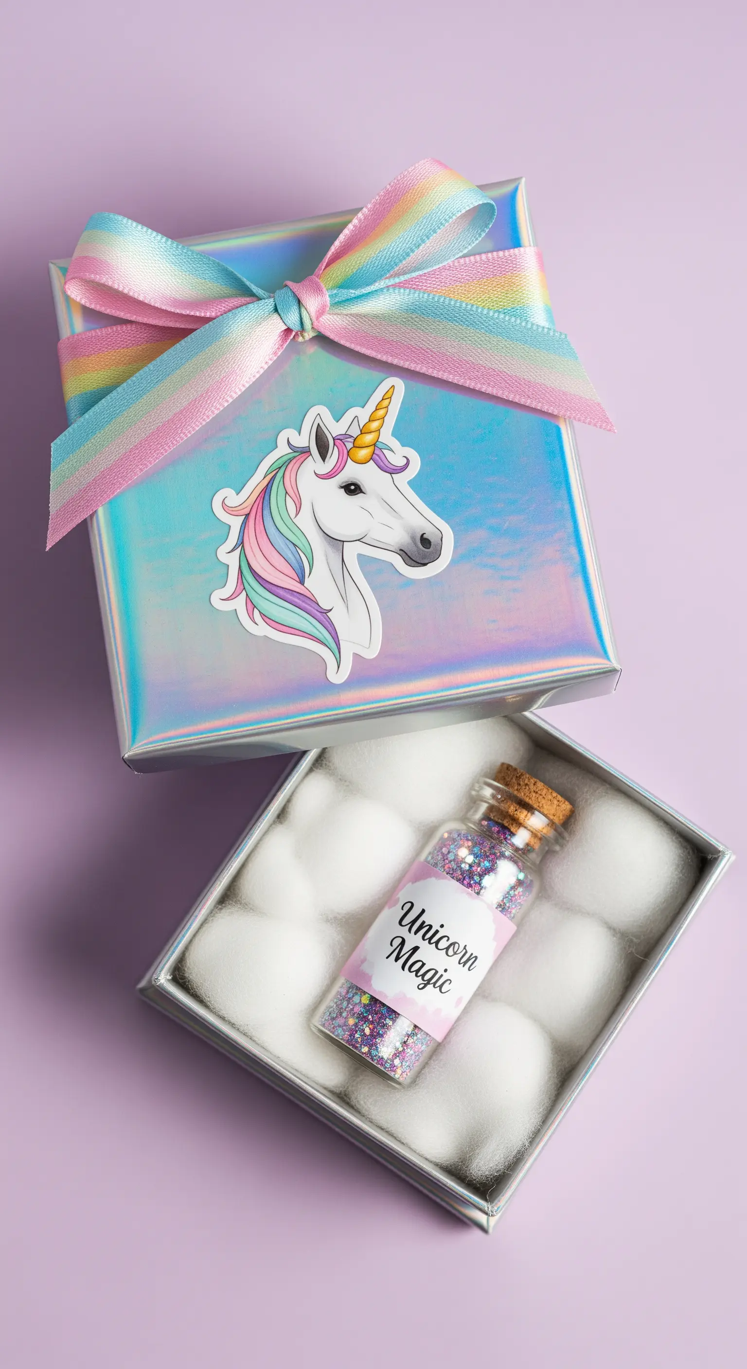 Regalino a tema unicorno con scatola olografica e boccetta di glitter.