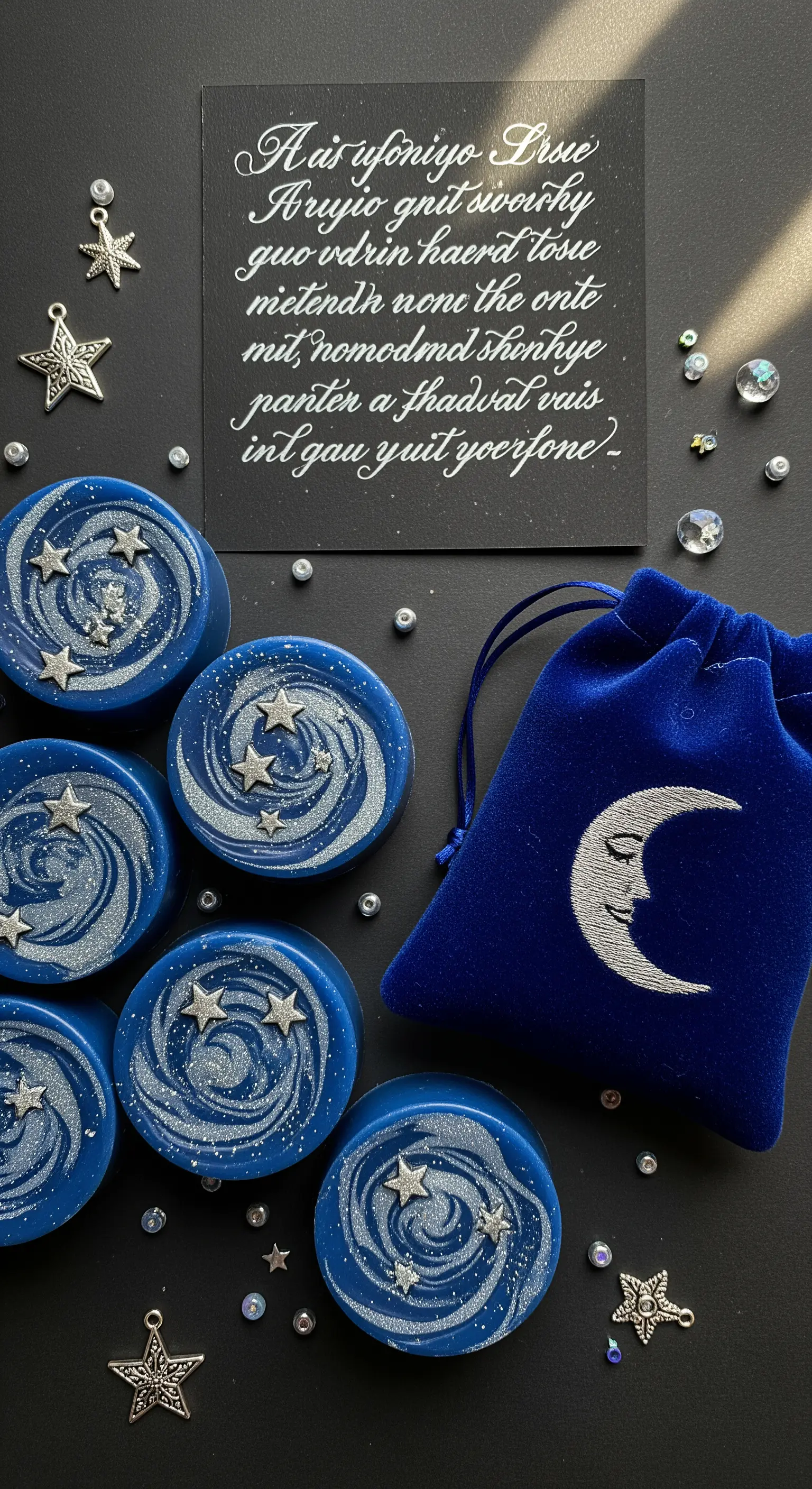 Saponi blu decorati con stelle e glitter, un sacchetto di velluto blu e un biglietto calligrafato.