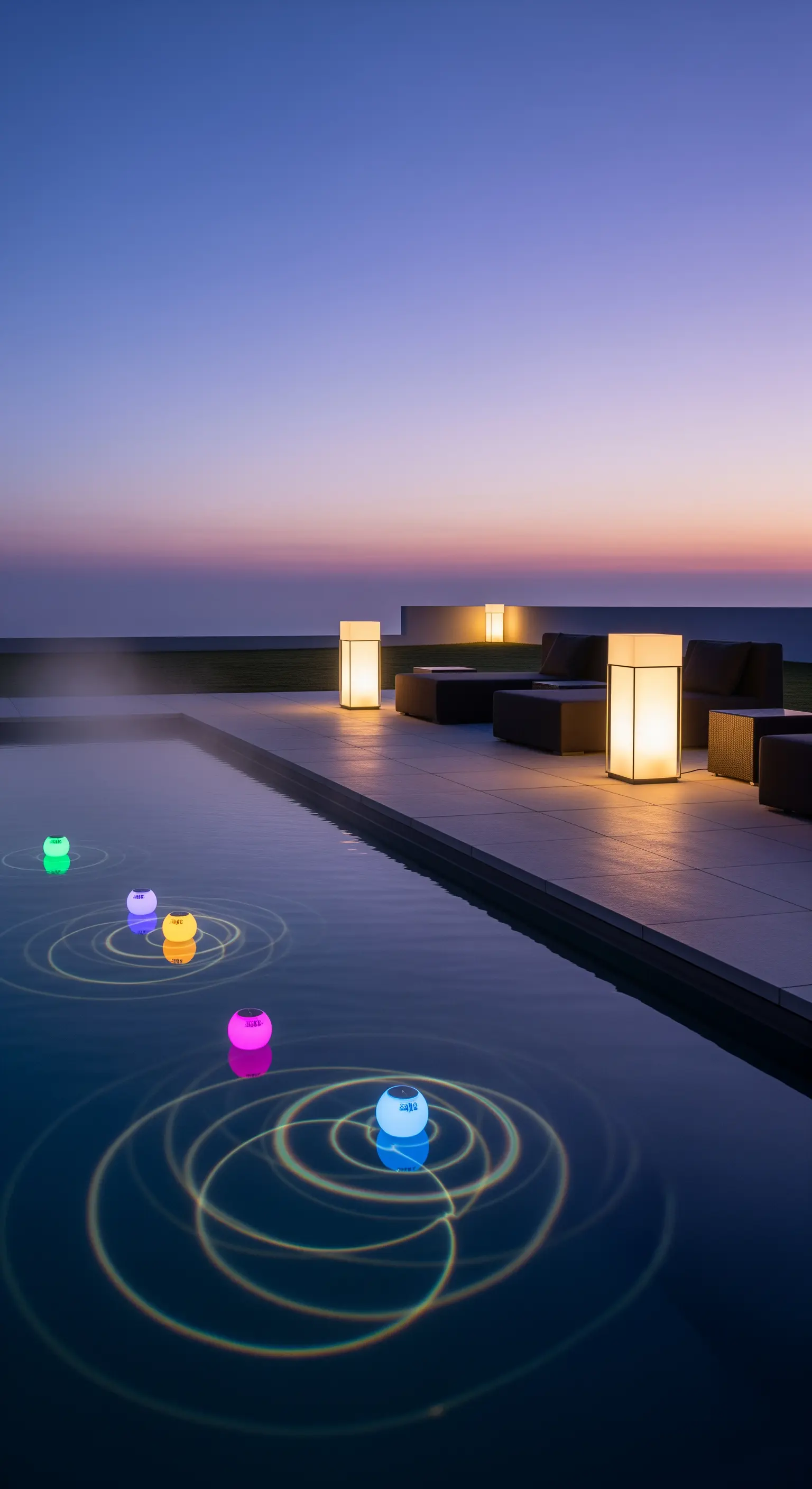 Piscina al tramonto con sfere luminose colorate che galleggiano sull'acqua.