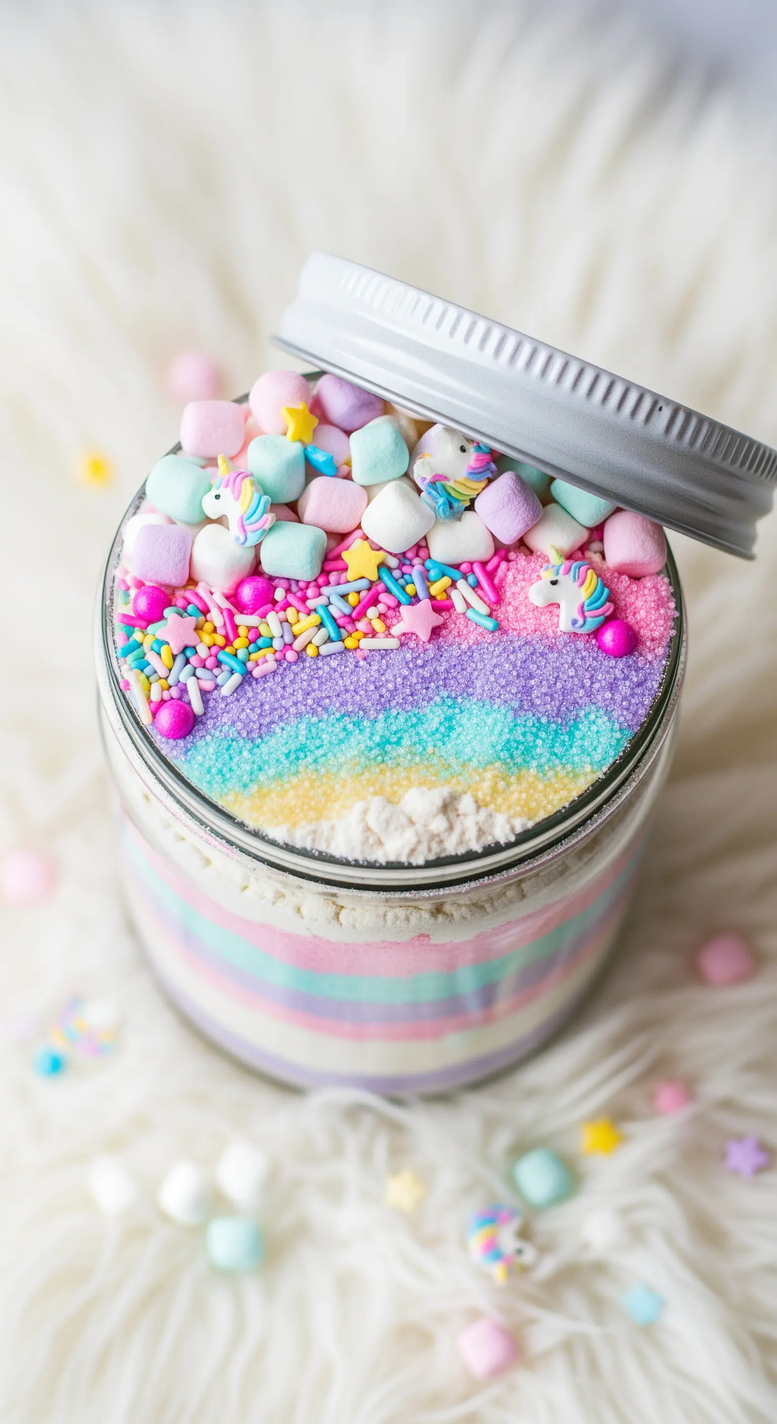 Barattolo di preparato per dolci a tema unicorno con strati di zucchero colorato e decorazioni.