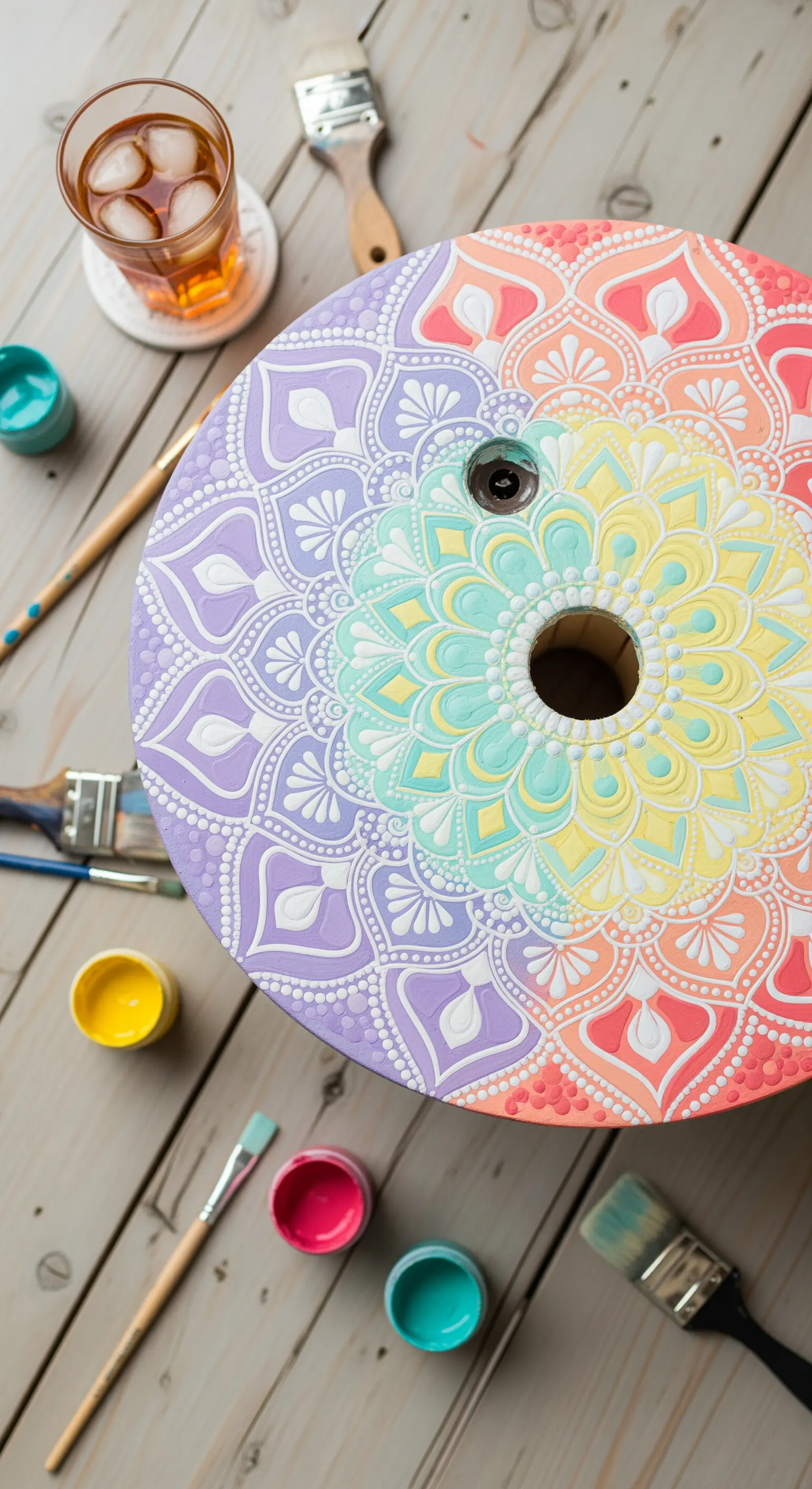 Tavolino a bobina decorato con un mandala colorato a rilievo, visto dall'alto.