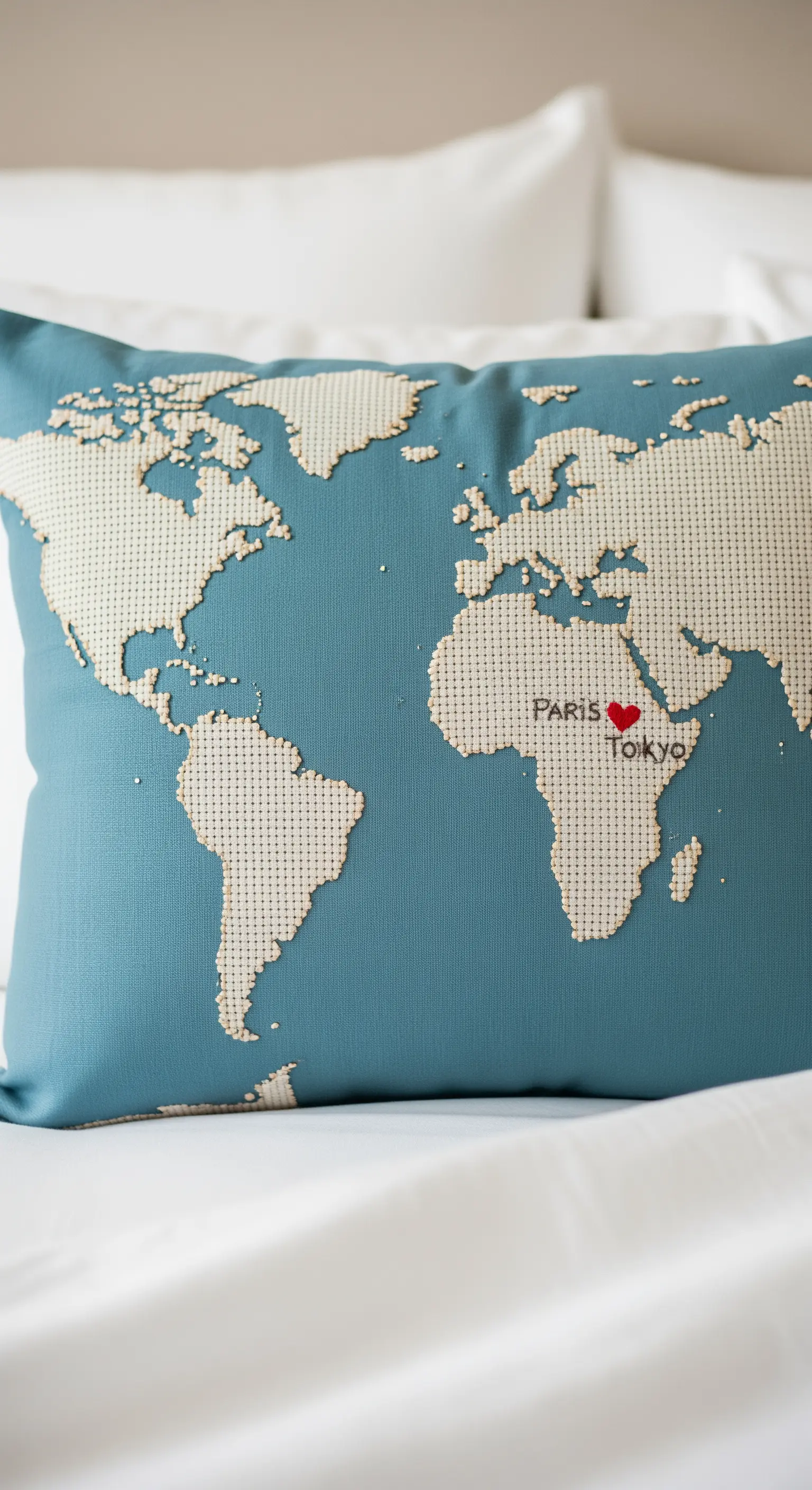 Cuscino blu con una mappa del mondo ricamata a punto croce, con destinazioni segnate in rosso.