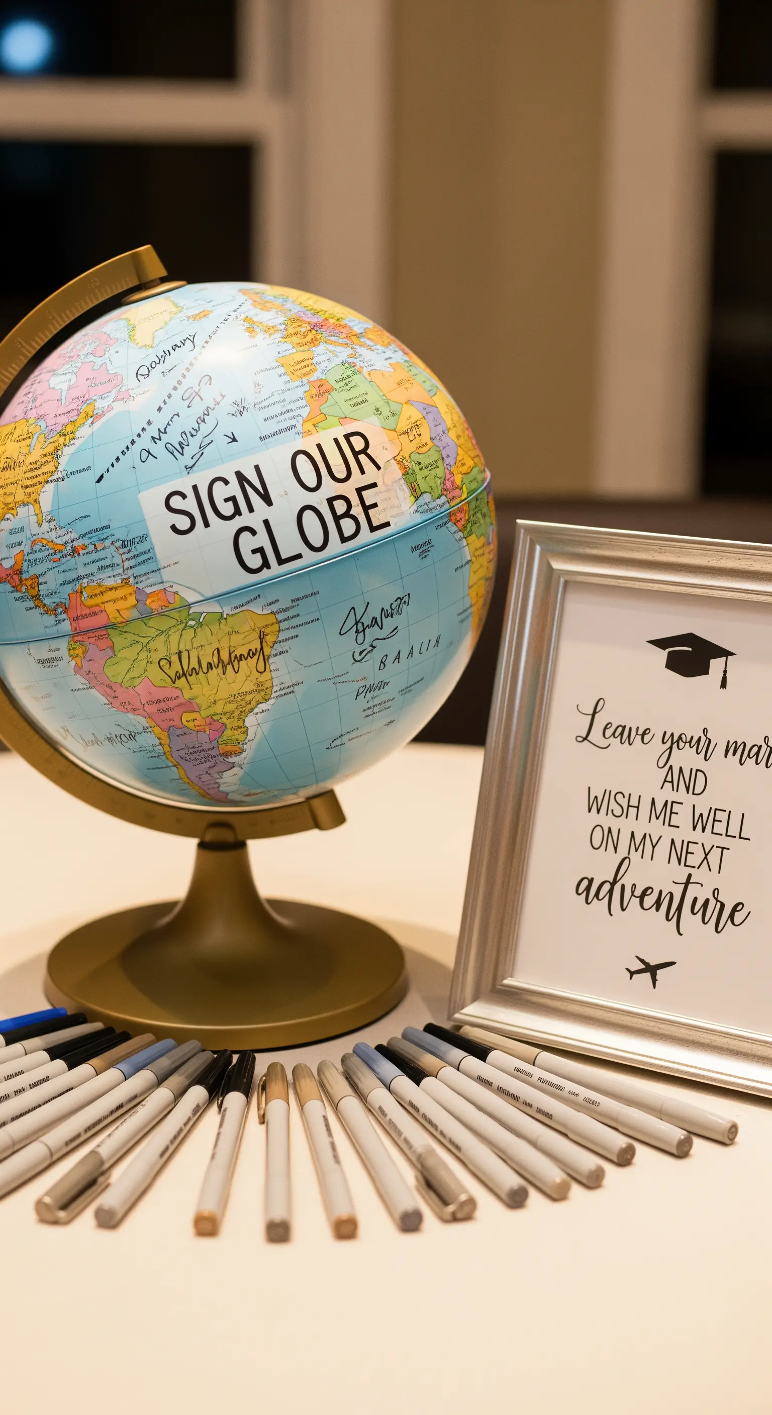 Mappamondo usato come guest book con firme degli ospiti e un cartello di auguri per la laurea