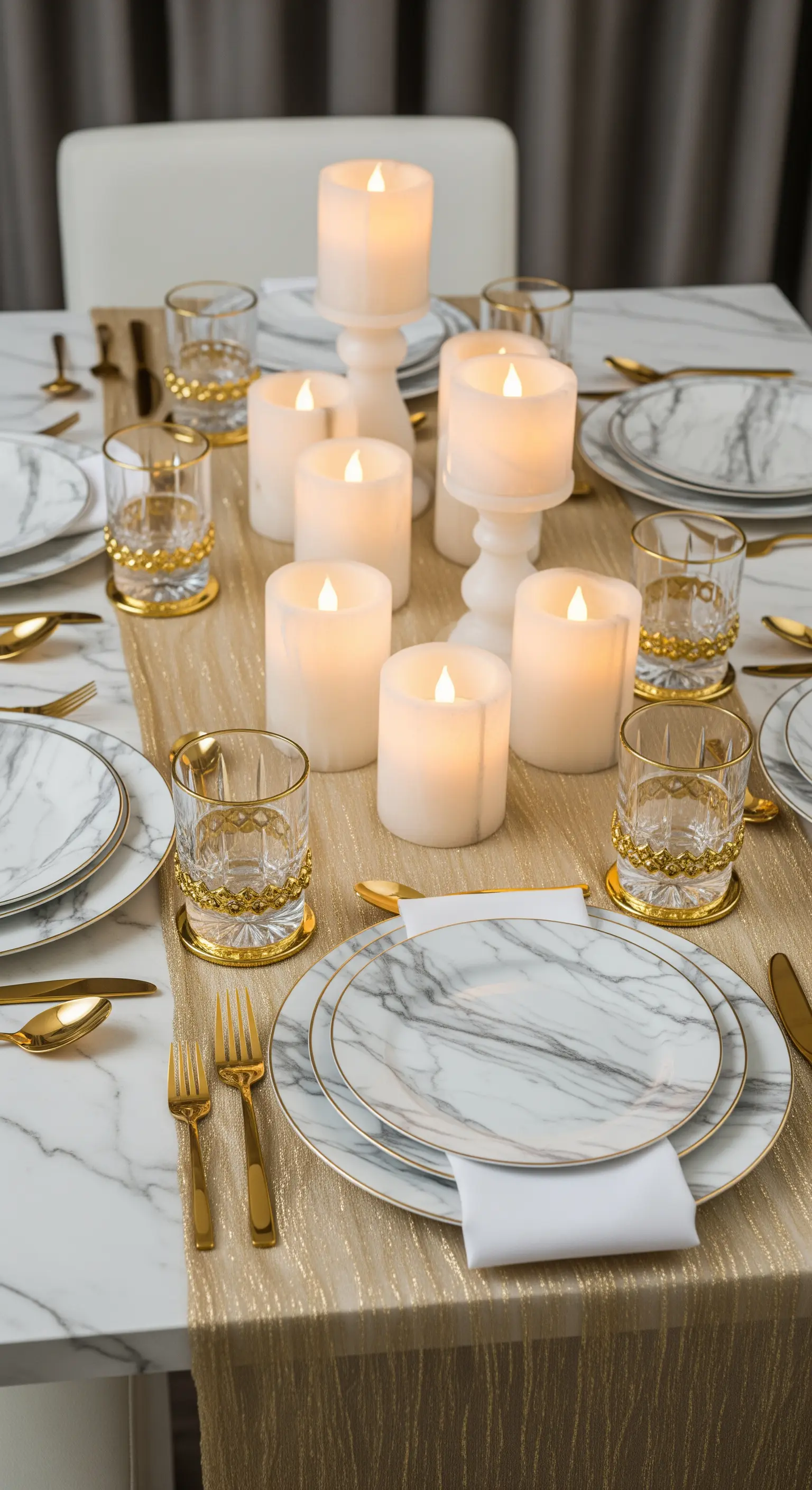 Tavola moderna con piatti effetto marmo, runner e posate dorate, e un gruppo di candele a LED.