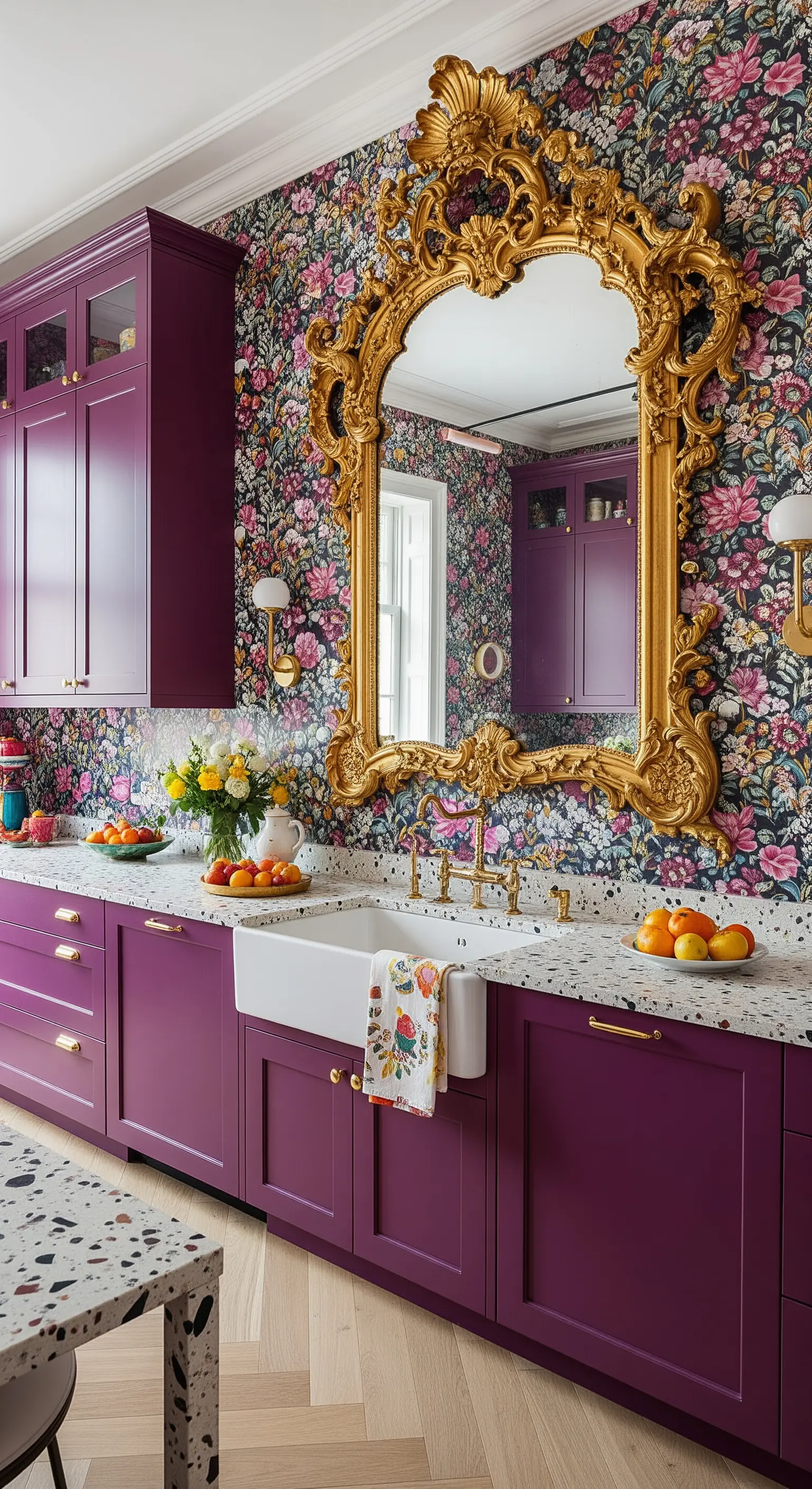 Cucina color magenta con grande specchio dorato barocco su carta da parati floreale.