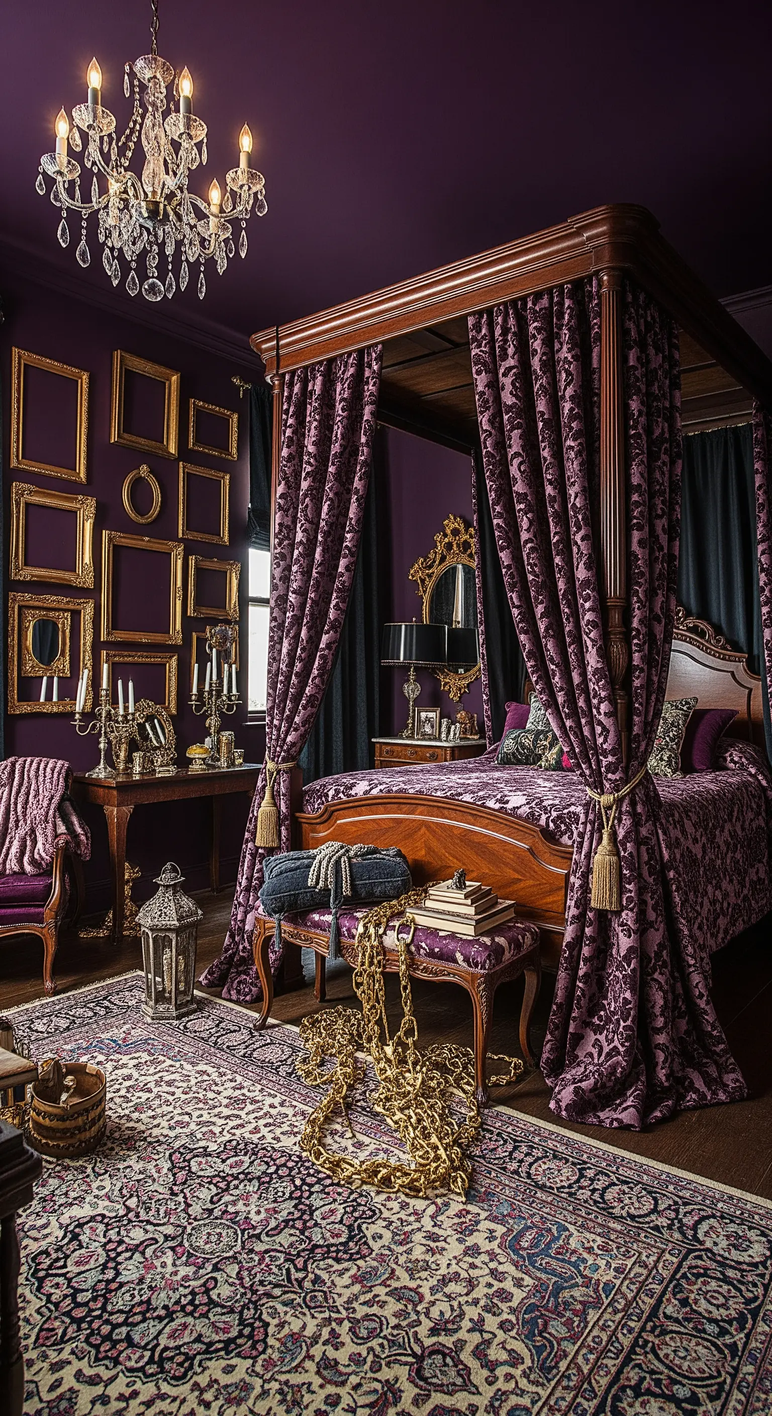 Camera da letto viola in stile barocco con letto a baldacchino e cornici dorate vuote.