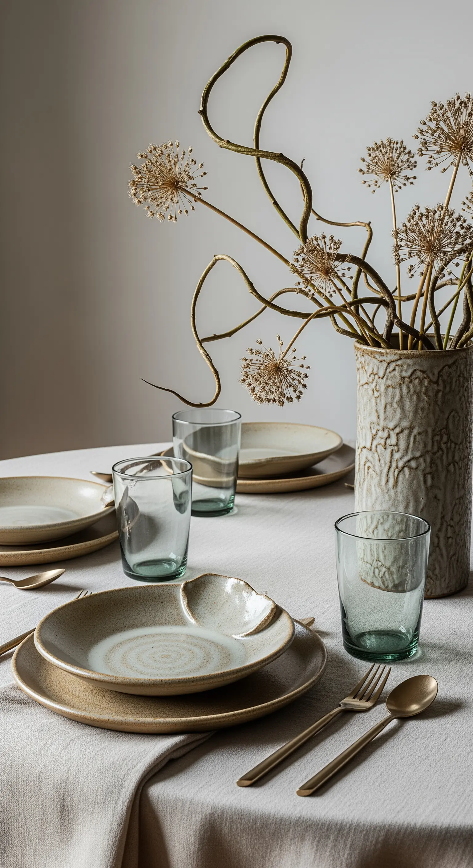 Tavola con piatti in ceramica artigianale, fiori secchi e bicchieri in vetro verde riciclato.