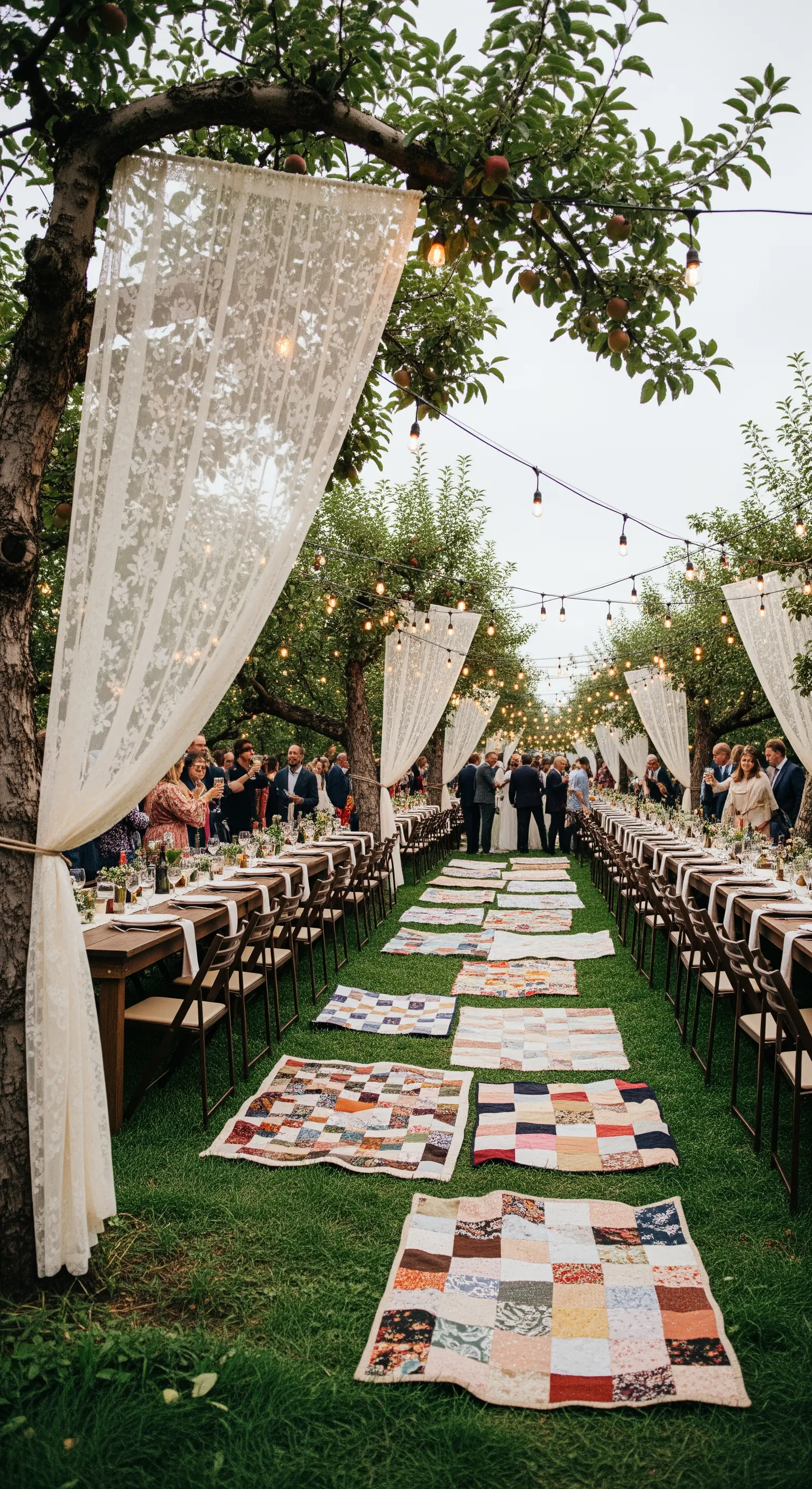 Matrimonio in un frutteto con lunghe tavolate, passatoie di tappeti patchwork e tende in pizzo.