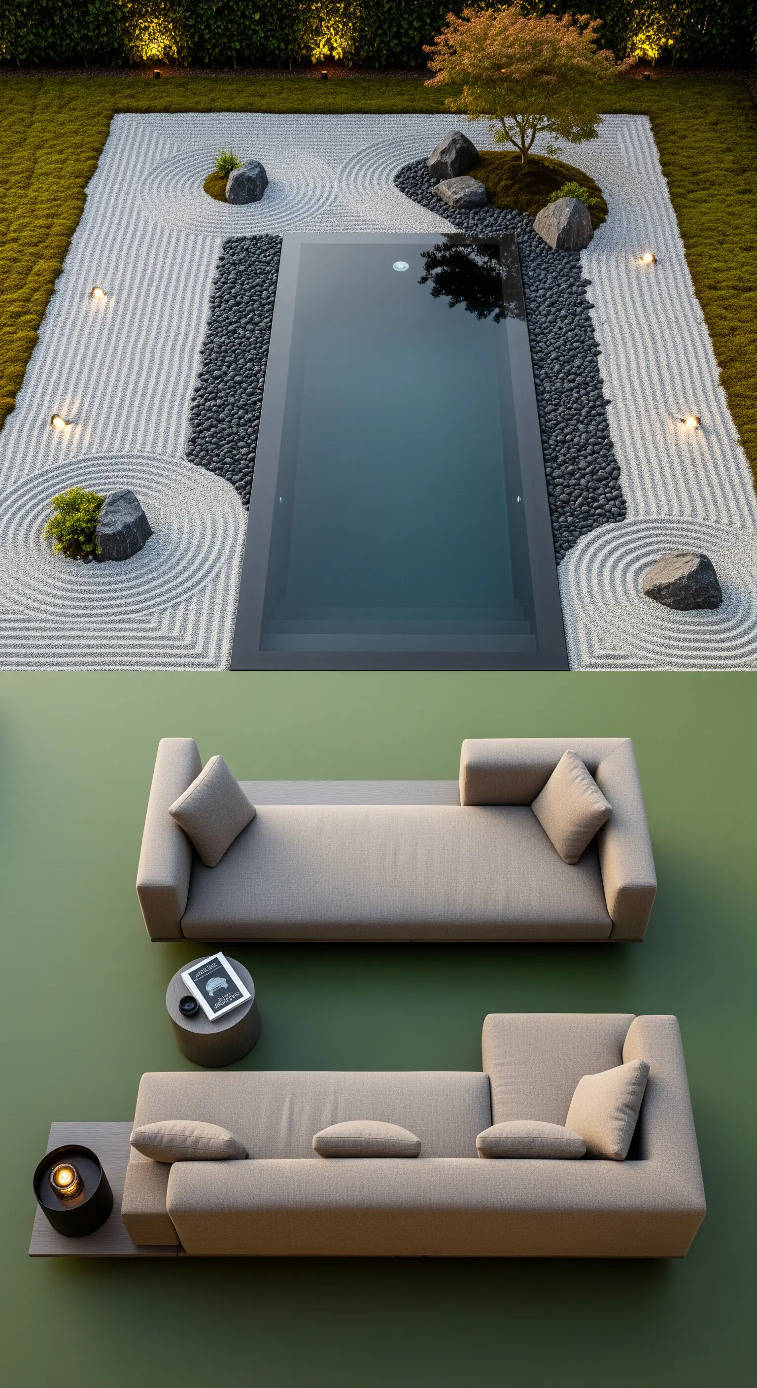 Giardino zen con piscina e patio con pavimento in resina verde salvia e divani minimalisti.