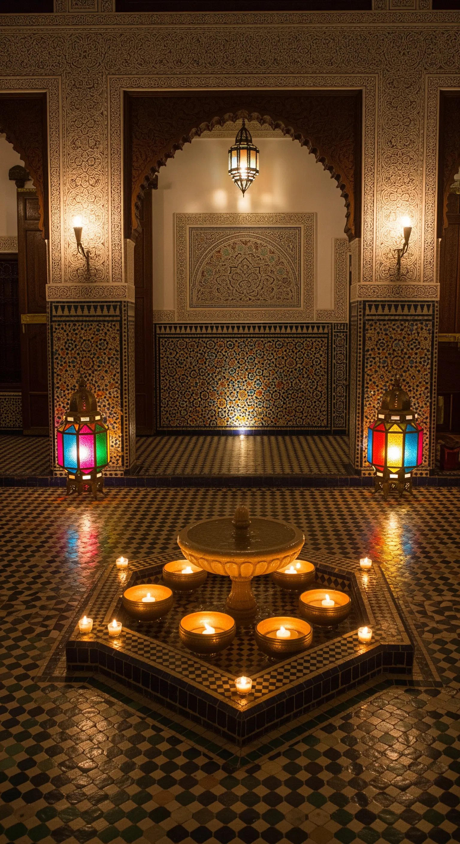 Pontile in legno su un lago calmo con due grandi lanterne accese e vegetazione illuminata.