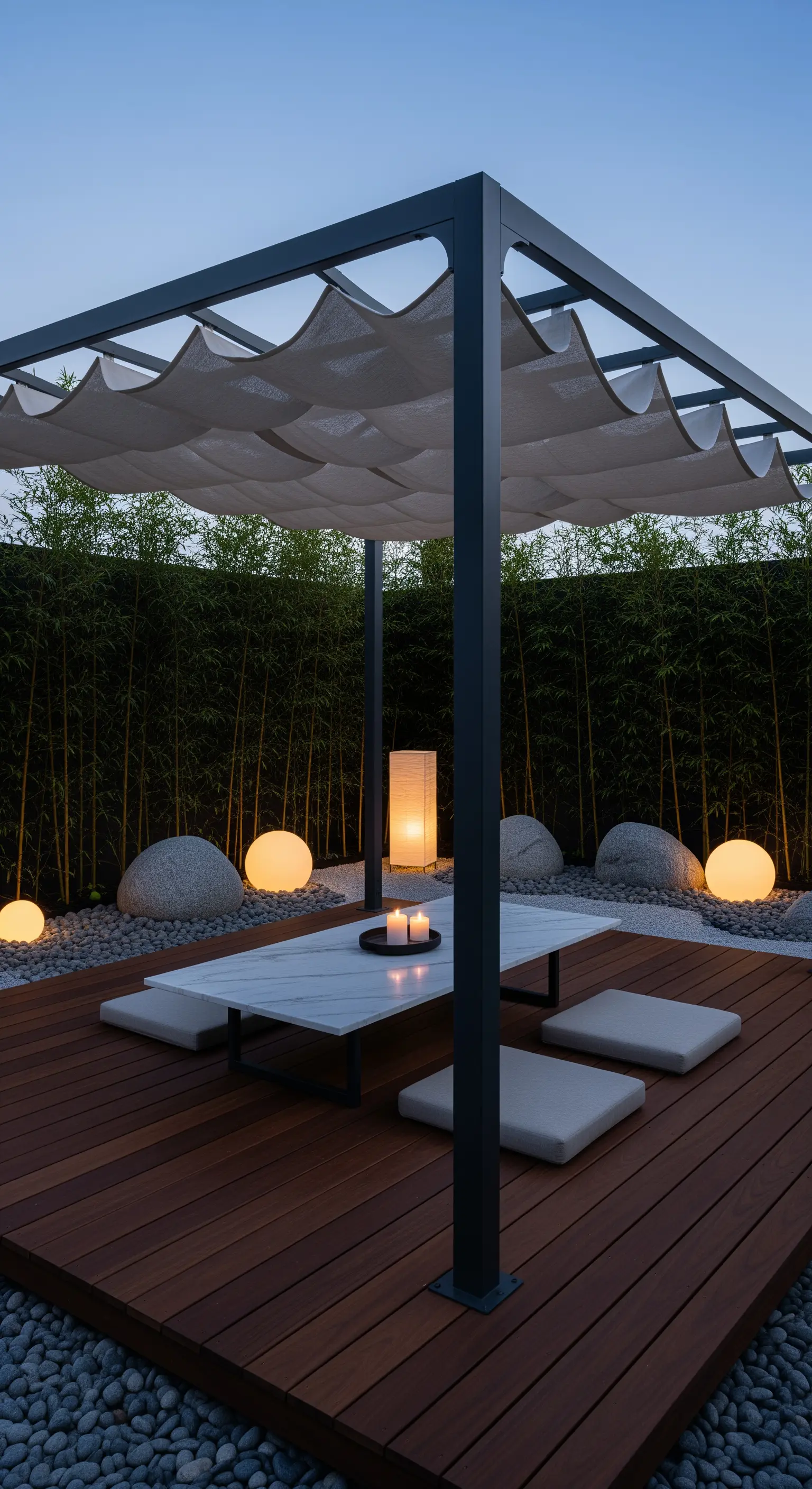 Patio in stile giapponese con pergola, pedana in legno e cuscini da terra.