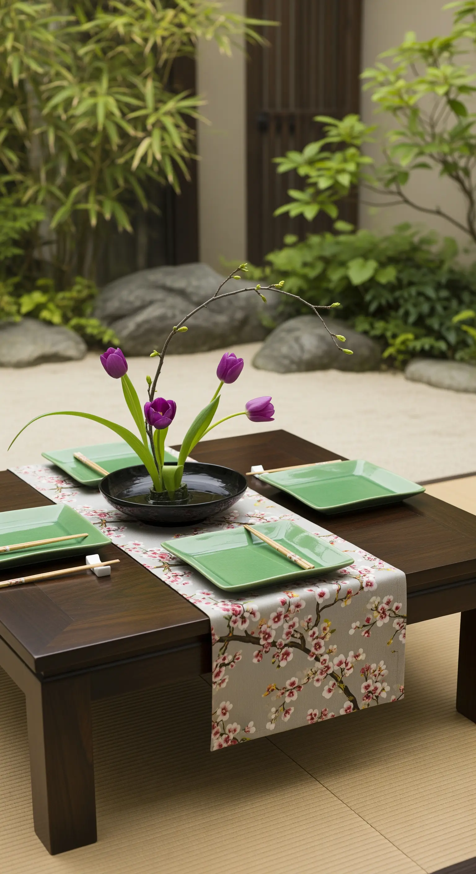 Allestimento giapponese con runner a fiori di ciliegio e composizione Ikebana di tulipani.