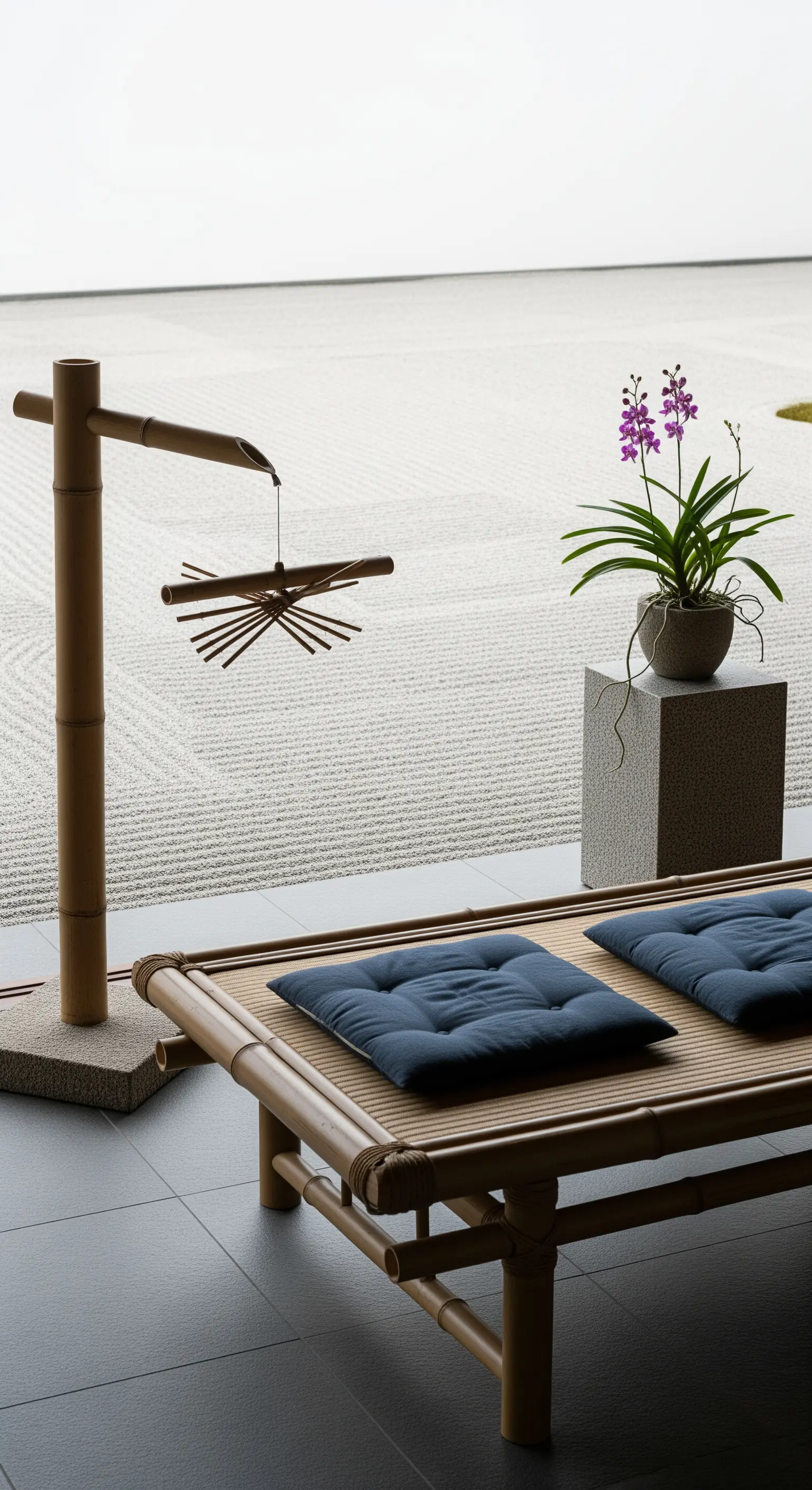 Angolo zen con panca in bambù, orchidea su piedistallo e fontana giapponese shishi-odoshi.