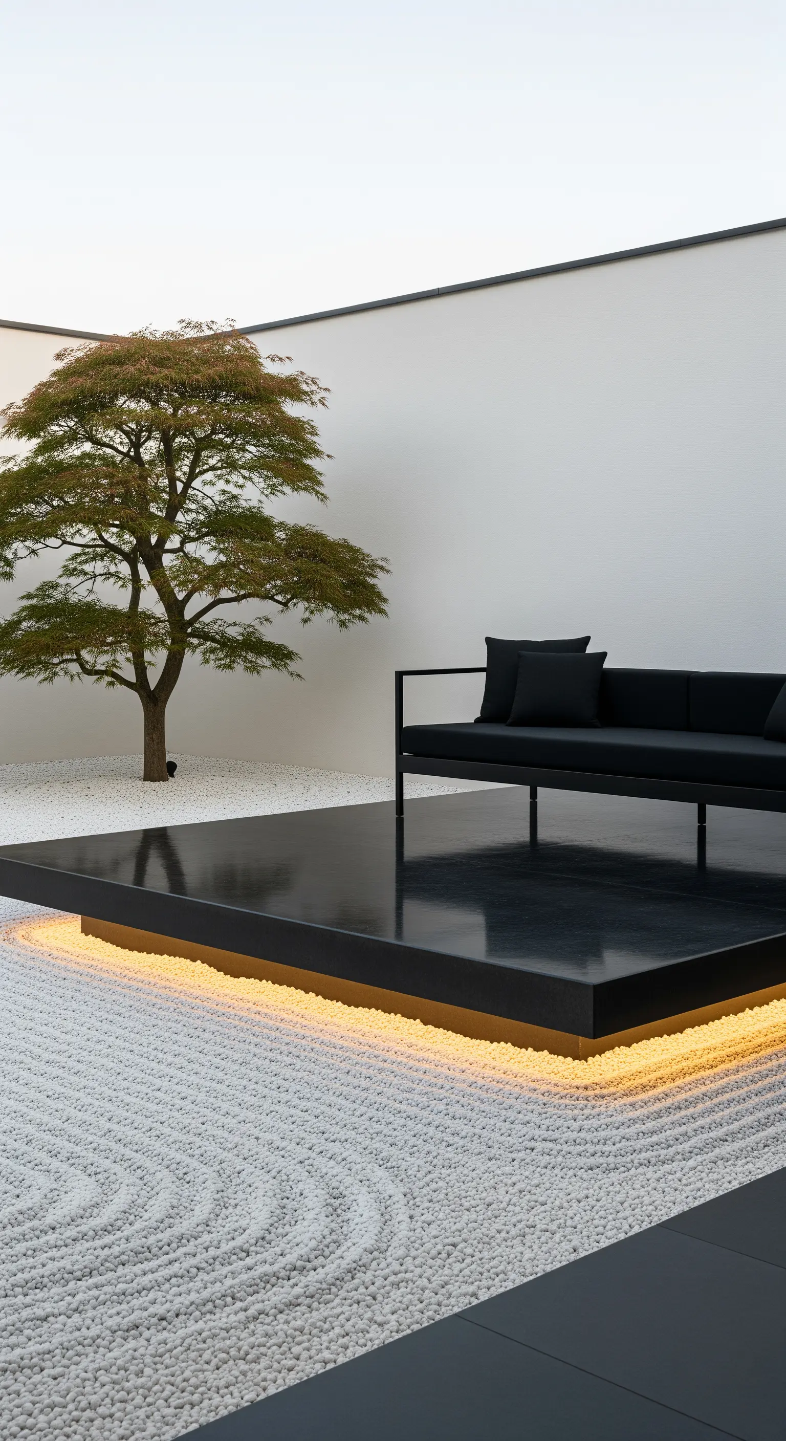 Giardino zen minimalista con divano nero su pedana sospesa e illuminata, su ghiaia bianca.