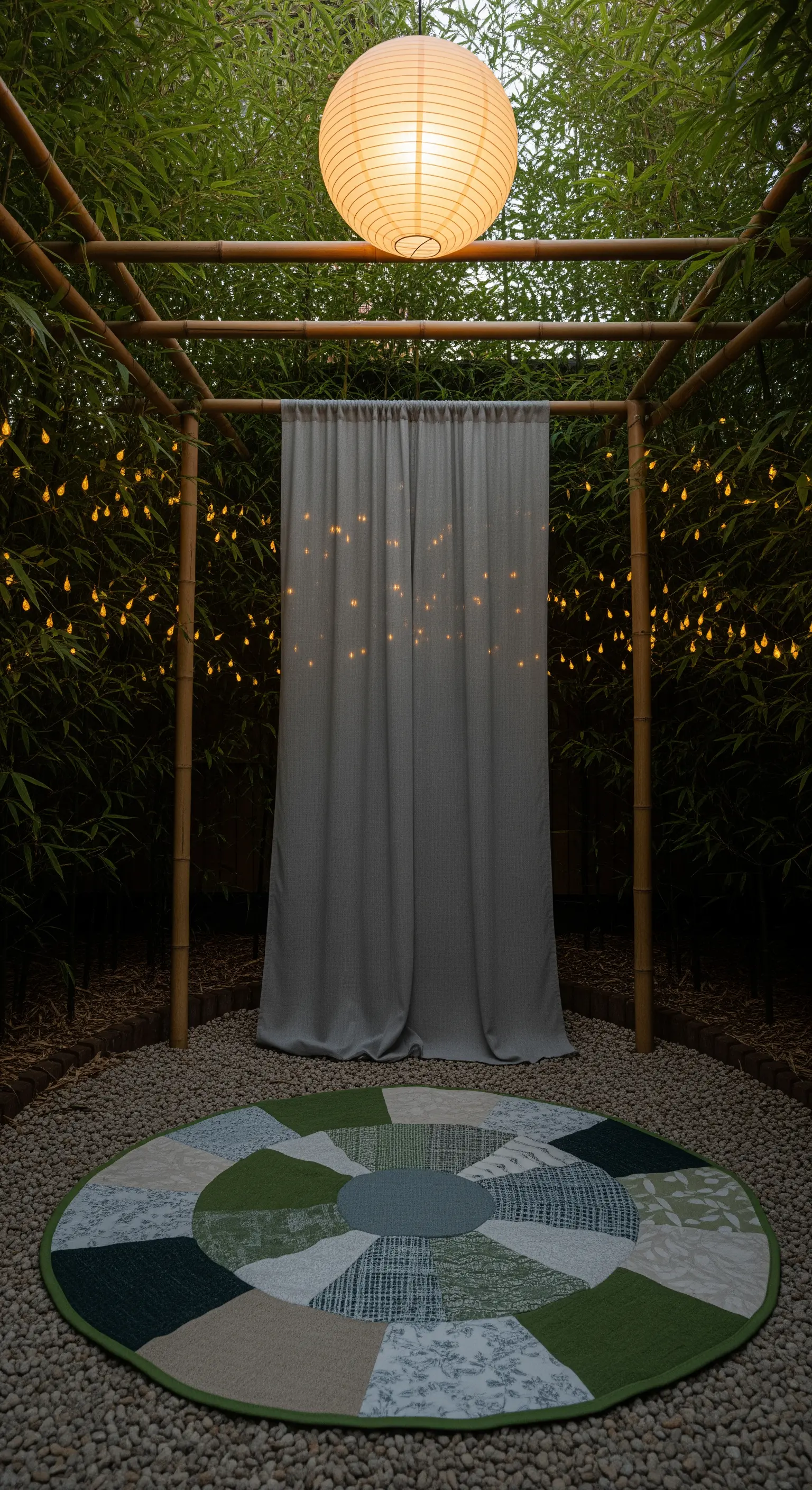 Giardino zen con struttura in bambù, lanterna di carta e tappeto patchwork rotondo.