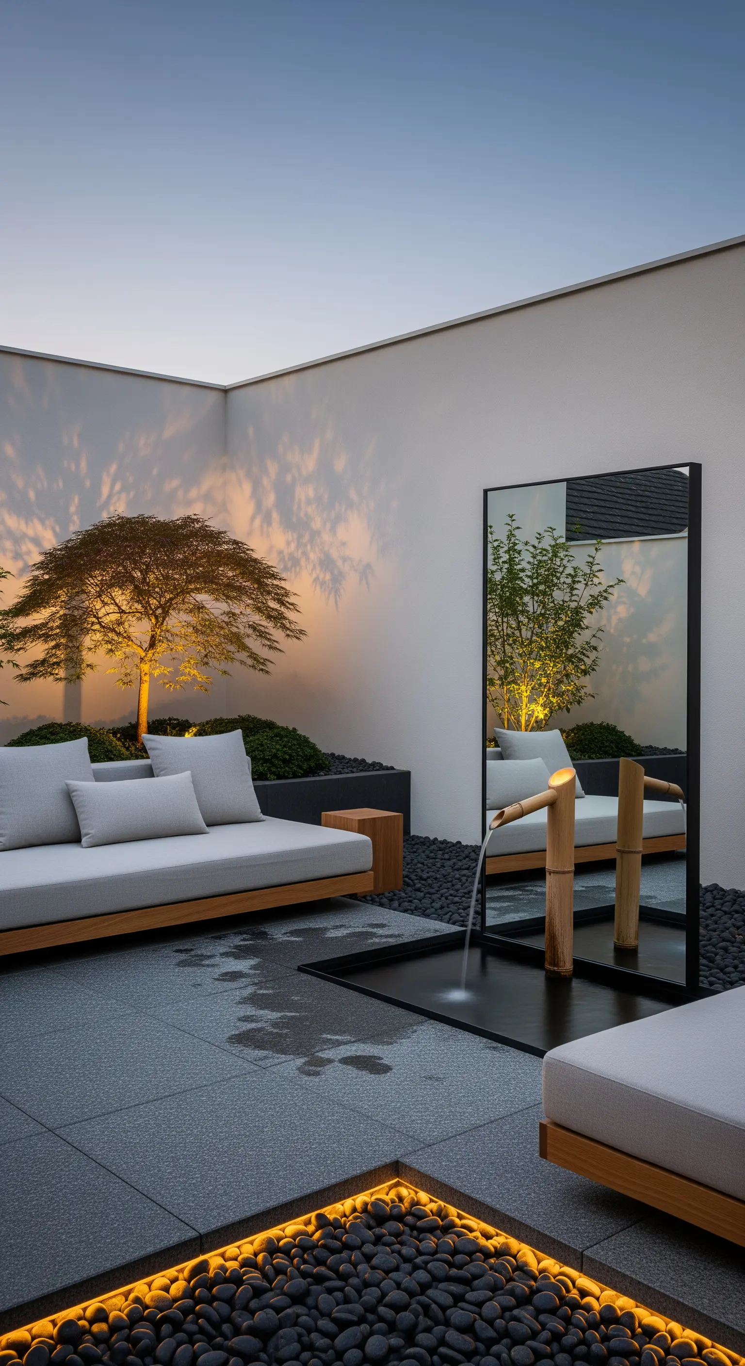 Patio zen con daybed, ciottoli neri, fontana in bambù e uno specchio verticale.