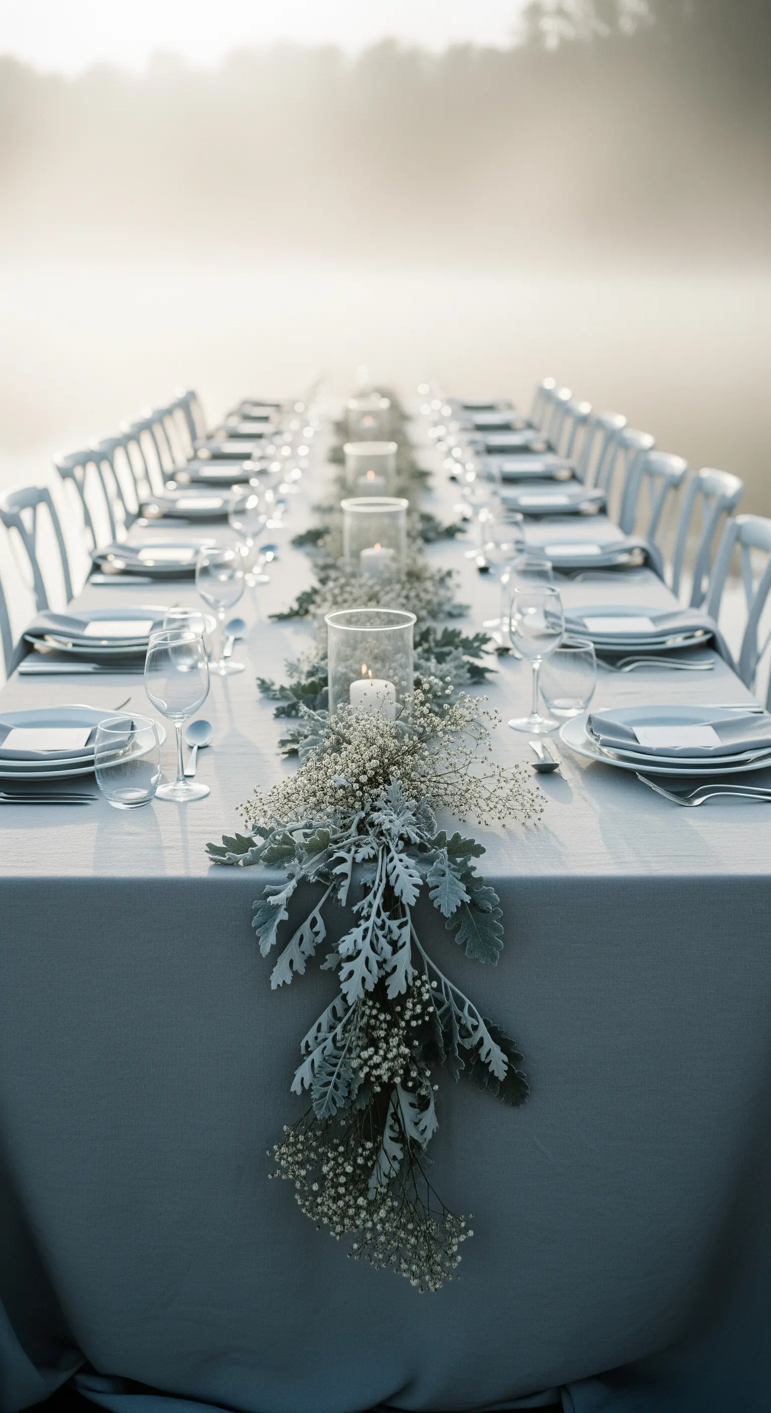 Tavolo imperiale grigio in un paesaggio nebbioso con runner di eucalipto e gypsophila.