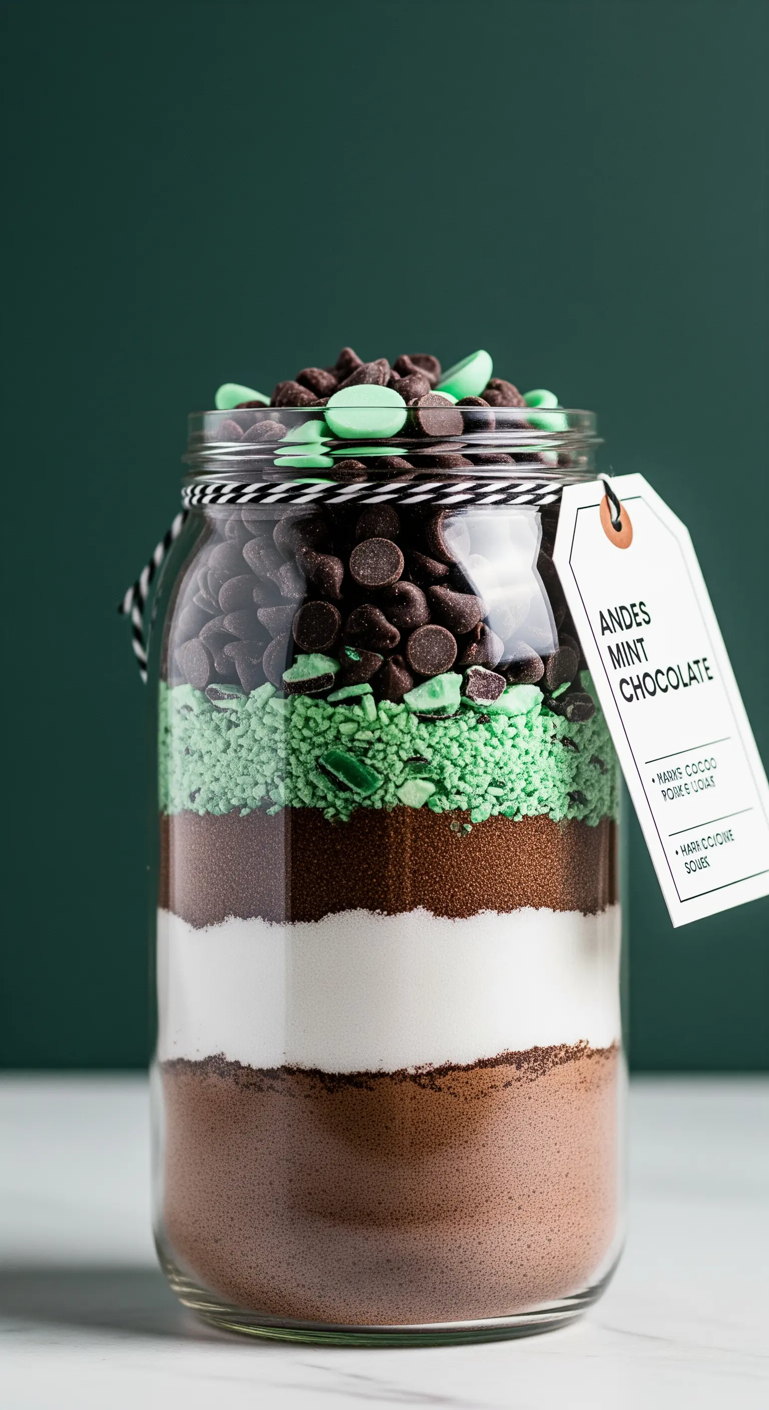 Barattolo per biscotti menta e cioccolato con strati a contrasto e cordoncino bianco e nero.