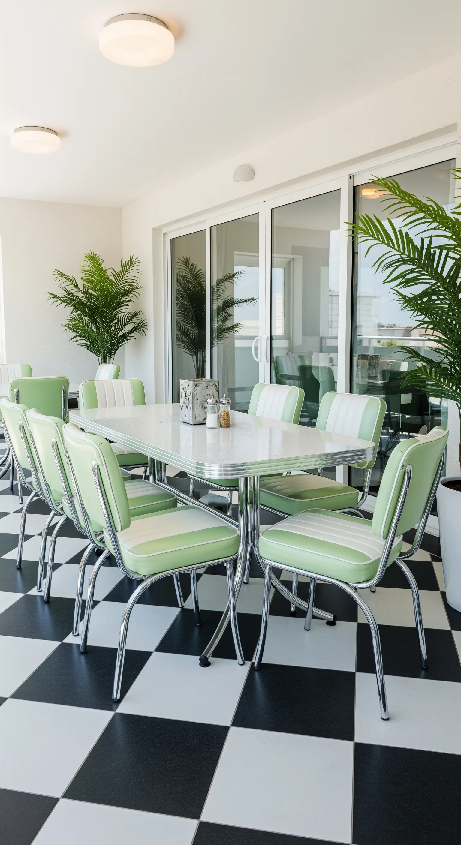 Tavolo e sedie in stile diner americano anni '50 in verde menta e bianco.